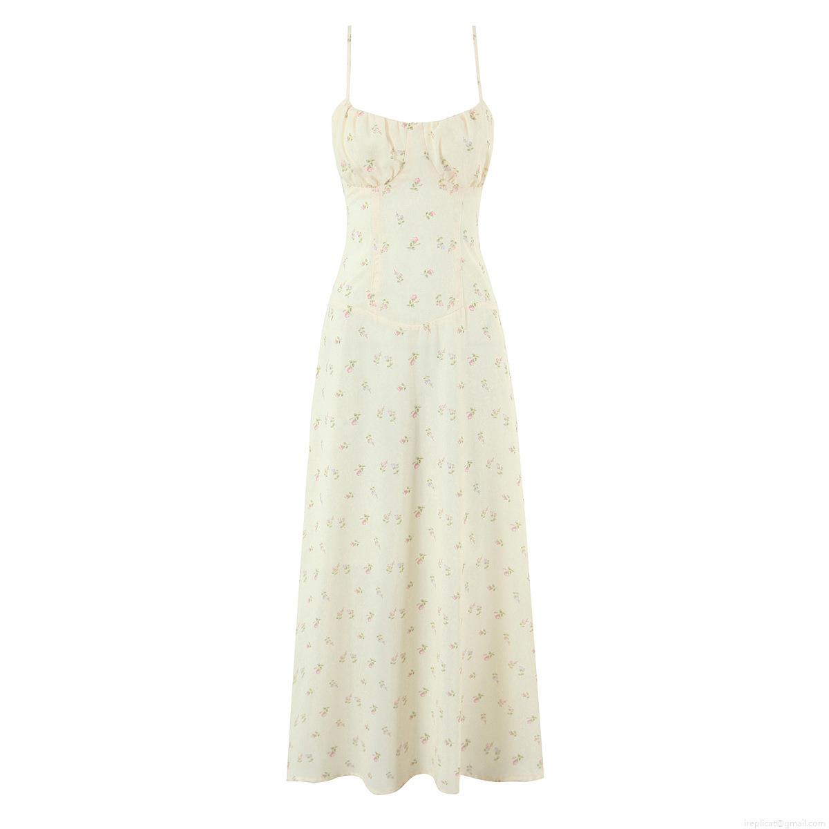 Women's French Vintage Floral Print Maxi Dress Sexy Boned Bodice Lace-up Back Spaghetti Strap A-Line Long Dress for Summer Vacation