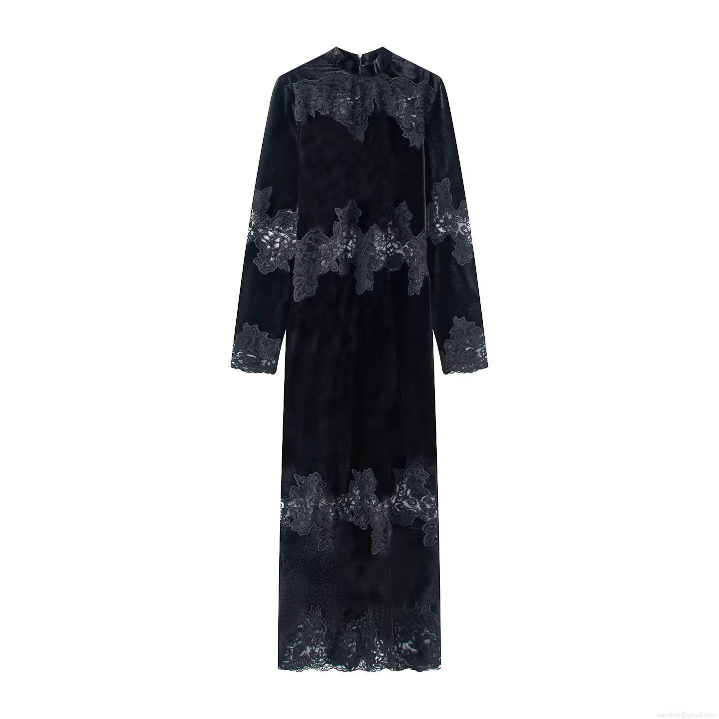 Women's Elegant Velvet Lace Maxi Dress Retro Stand Collar Long Sleeve Bodycon Evening Gown For Wedding Party Black Vintage Sexy Dresses