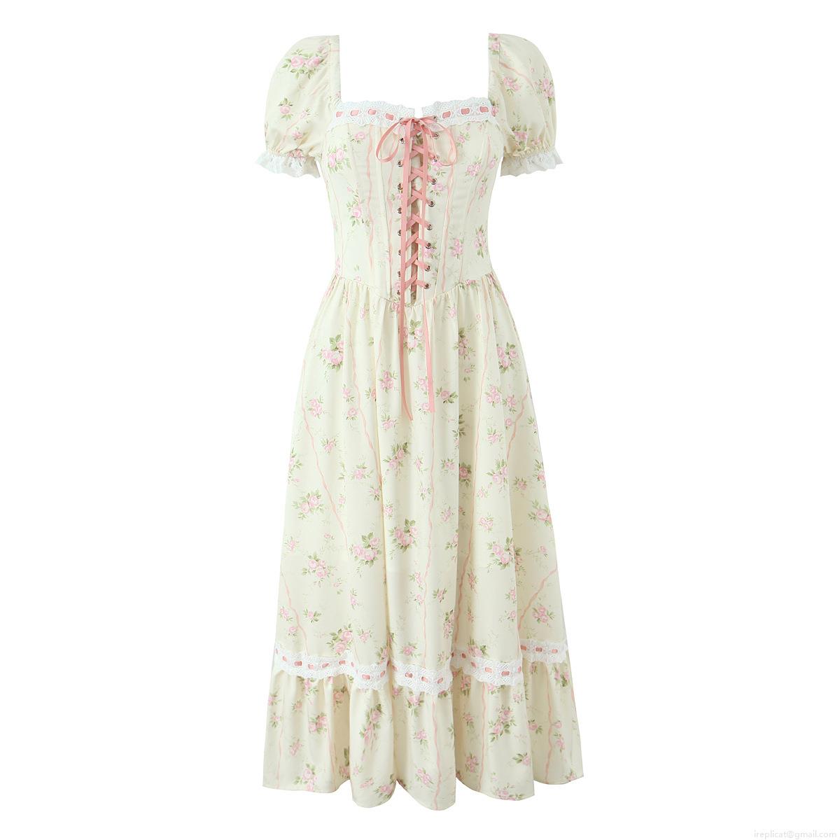 Women French Retro Floral Maxi Dress Sweetheart Neck Puff Sleeve Polyester Lace Up Corset Slim Fit Elegant Aesthetic Party Long Dress With Lace Trim