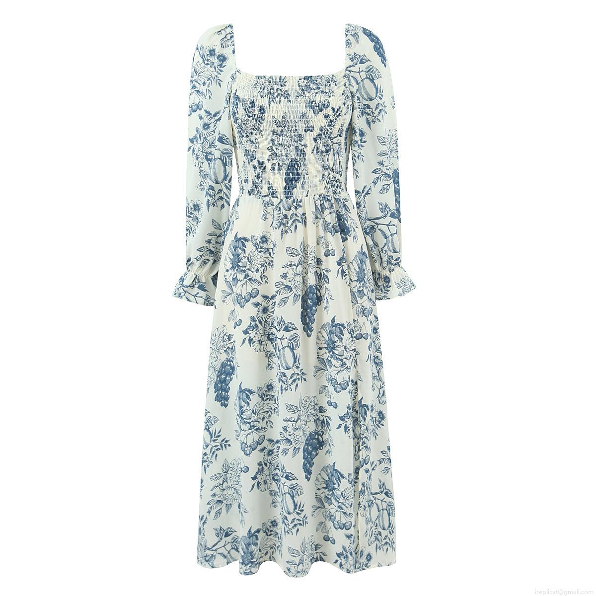 French Vintage Square Neck Long Sleeve Maxi Dress Blue White Toile De Jouy Floral Smocked Elastic Waist Side Slit Dress Women Spring Summer Vacation