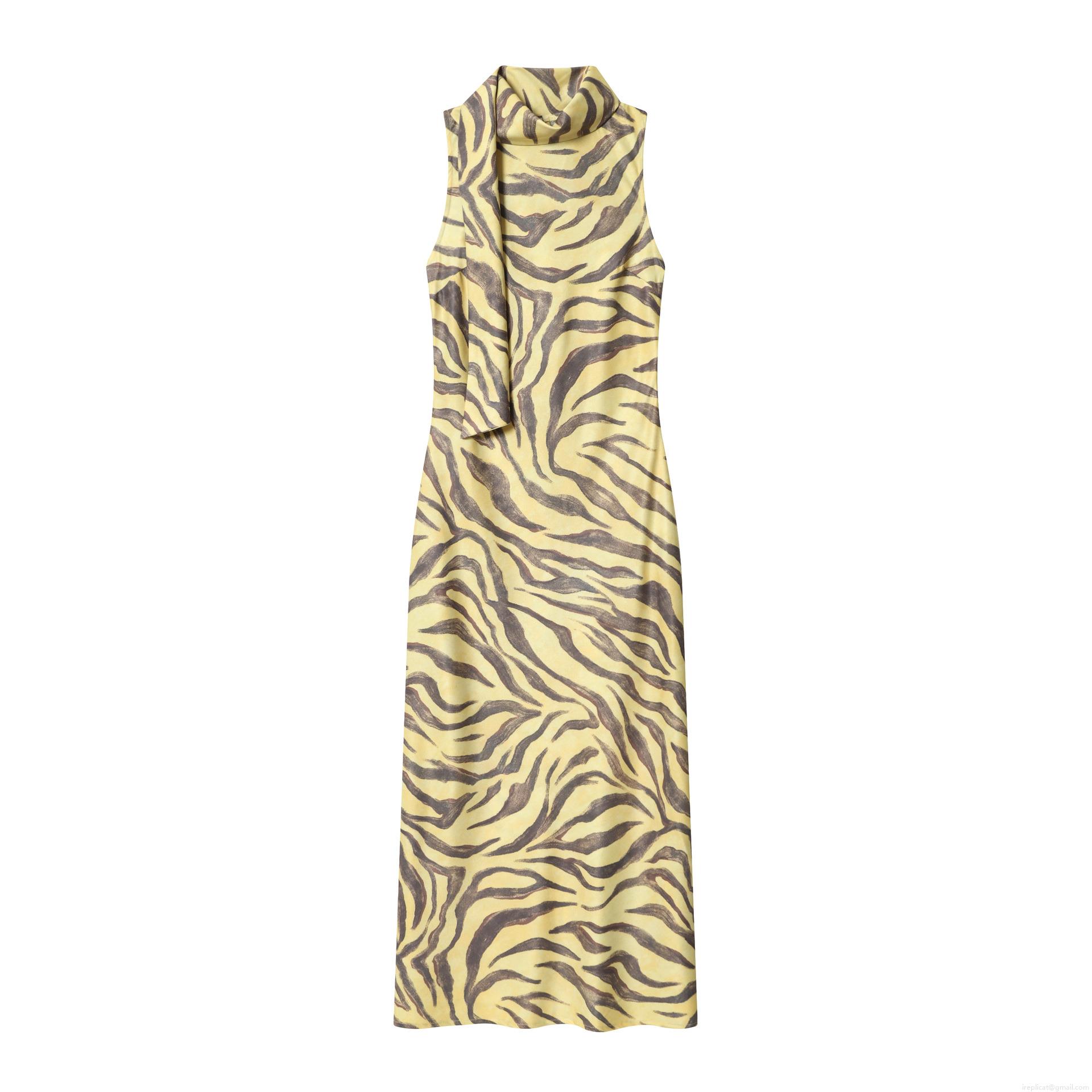 Women's Elegant Zebra Print Sleeveless Maxi Dress with Scarf Collar Sexy Bodycon Animal Pattern Polyester Long Dress for Party Vacation Summer Night Out