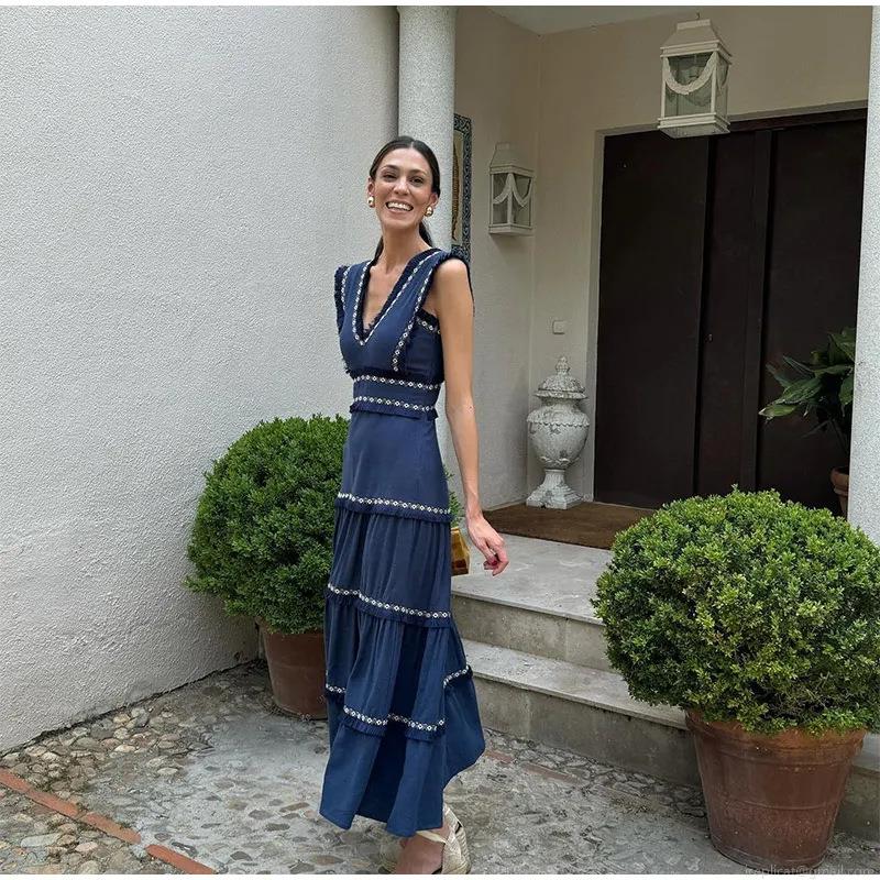 Bohemian Sleeveless V Neck Tiered Maxi Dress With White Embroidery And Tassel Trim Vintage Dark Blue Polyester Long Dress For Women Summer Vacation Party