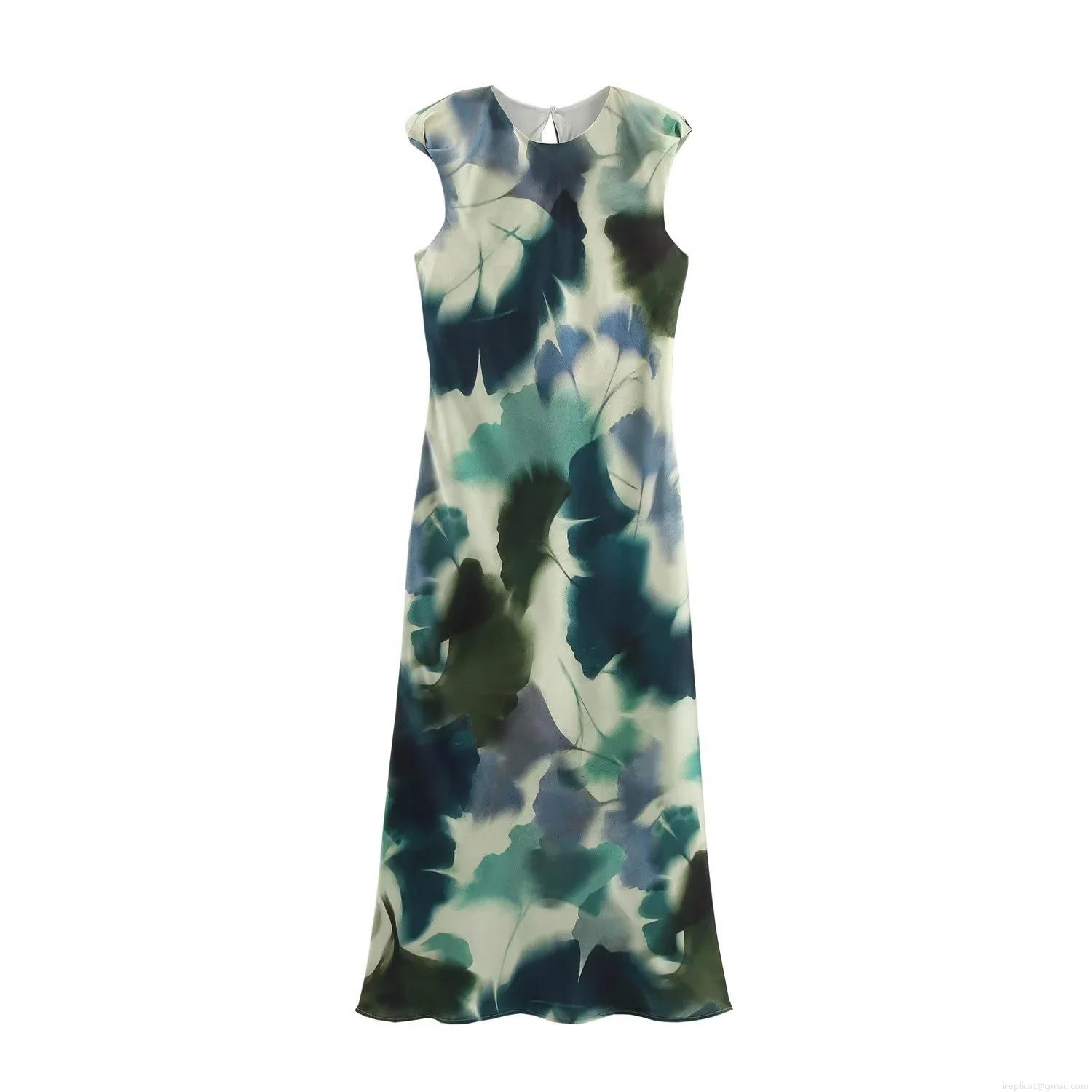 Women Elegant Satin Texture Abstract Leaf Print Maxi Dress Sleeveless Round Neck Back Keyhole Long Dress For Evening Party Banquet Summer Spring