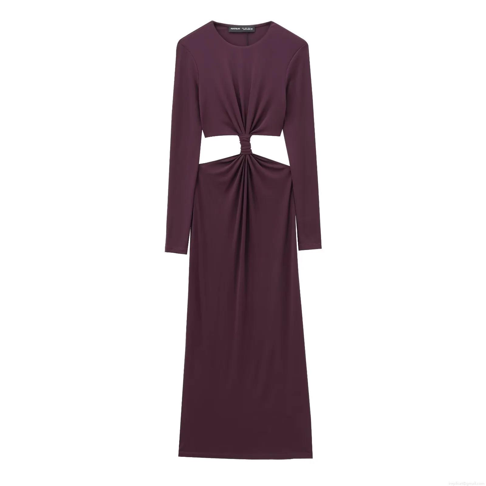 Elegant Wine Red Long Sleeve Maxi Dress Hollow Out Waist Twist Front Slim Fit Polyester Solid Color Evening Party Banquet Cocktail Socialite Gown