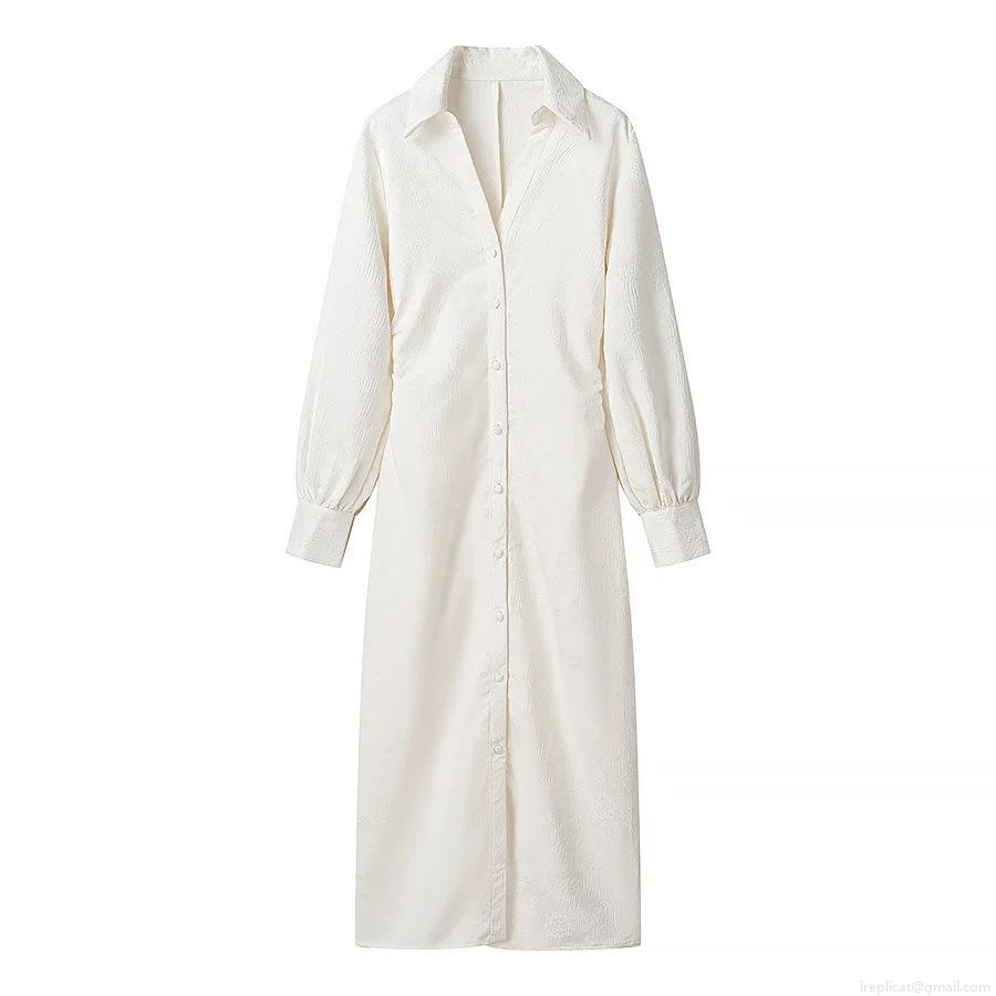 Women's Elegant White Jacquard Maxi Shirt Dress Long Sleeve Lapel Single Breasted Drawstring Waist Elegant Party Casual Office Dress