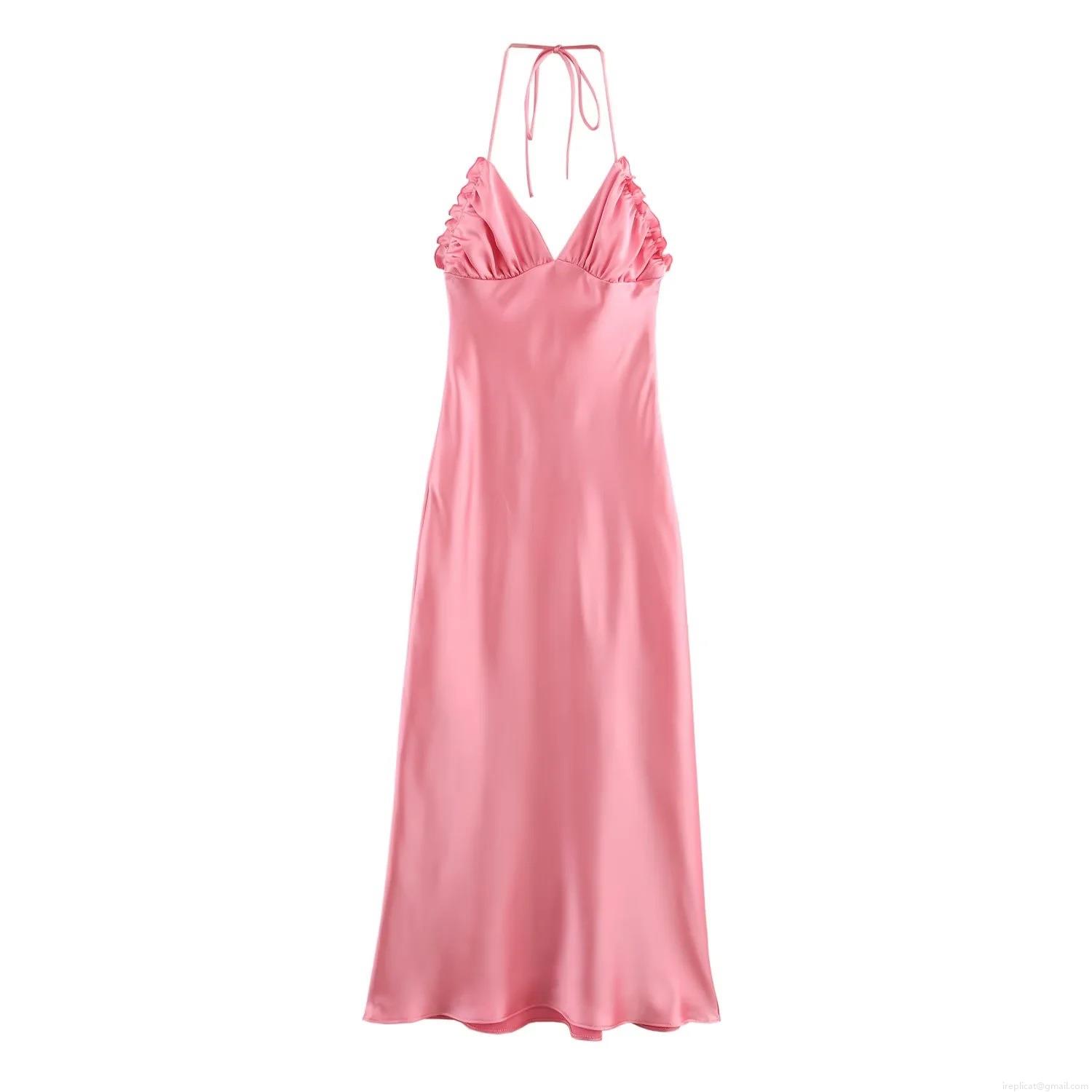 Women's Elegant Satin Halter Maxi Dress Sexy Backless V-Neck Ruffle Pleated Silk Feel Evening Party Long Dress For Ladies