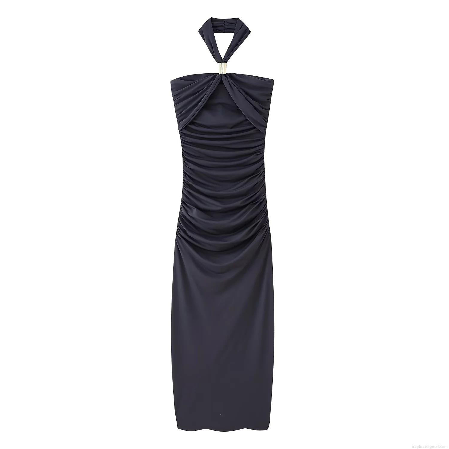 Elegant Halter Ruched Maxi Dress Sexy Slim Fit Sleeveless Solid Color Evening Party Gown For Women Wedding Banquet Celebrity Style