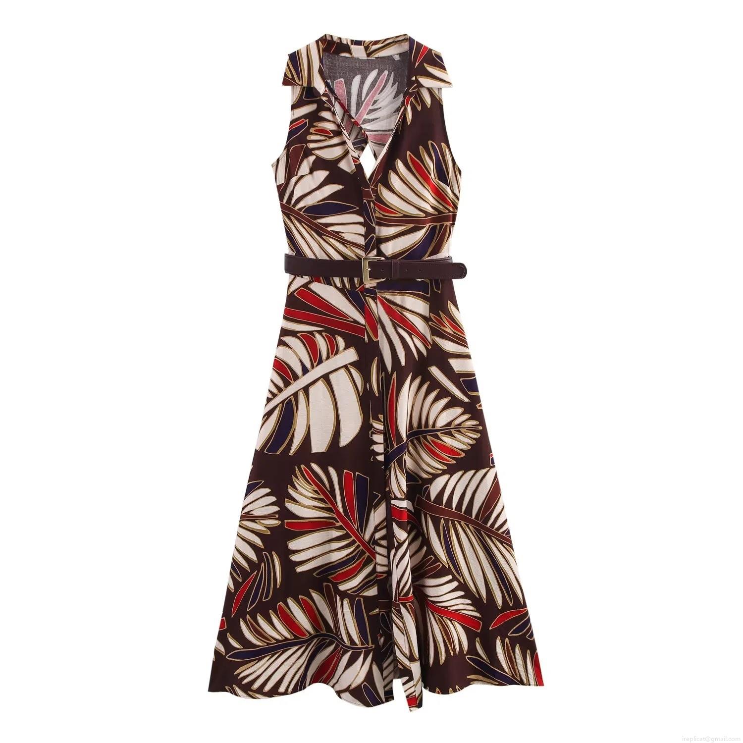 Women Elegant Sleeveless Linen Tropical Leaf Print Maxi Dress Shirt Collar Button Down Backless Dress With Belt For Summer Vacation