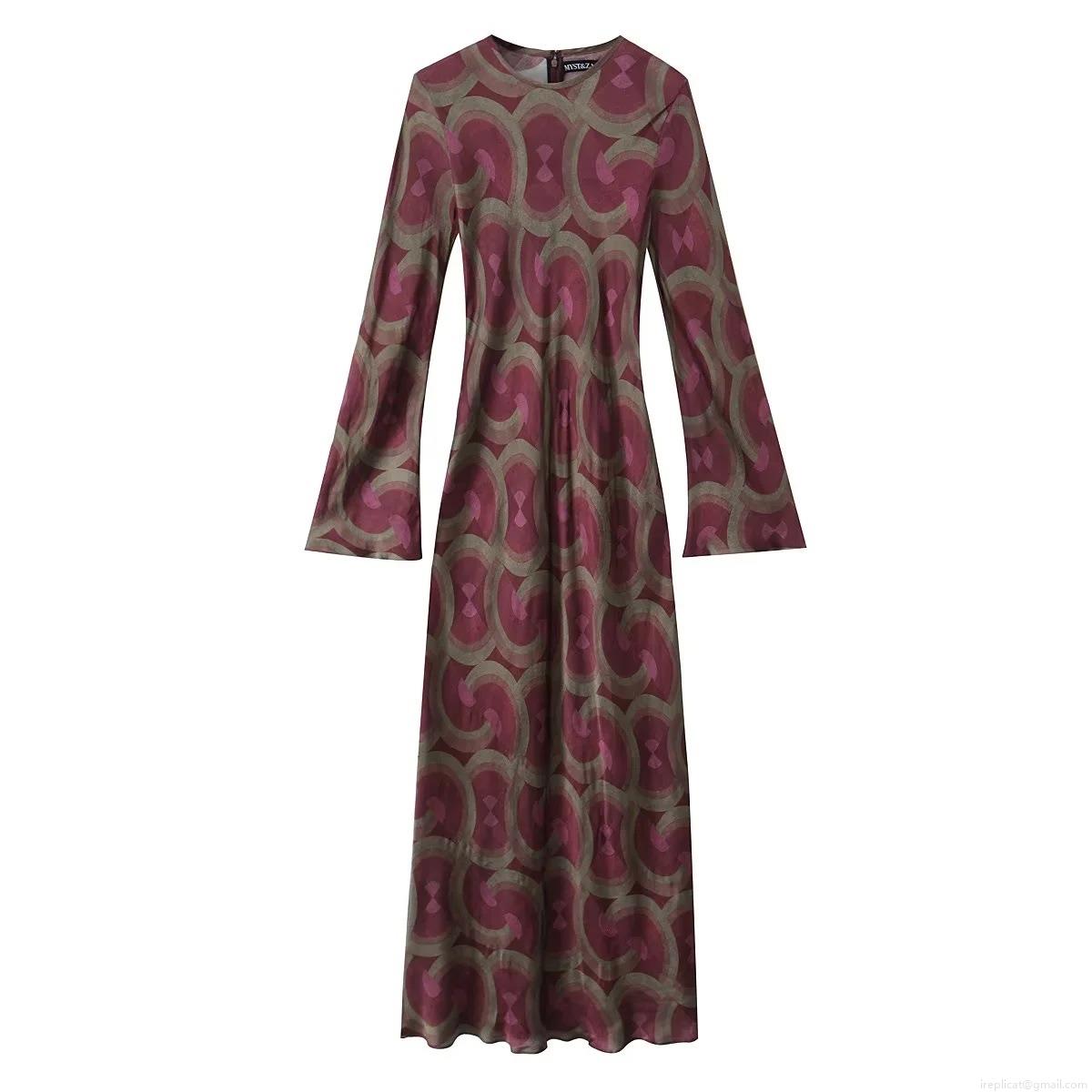 Elegant Women's Retro Geometric Print Long Sleeve Maxi Dress Burgundy Round Neck Satin Texture Polyester Dress For Cocktail Party Daily Wear