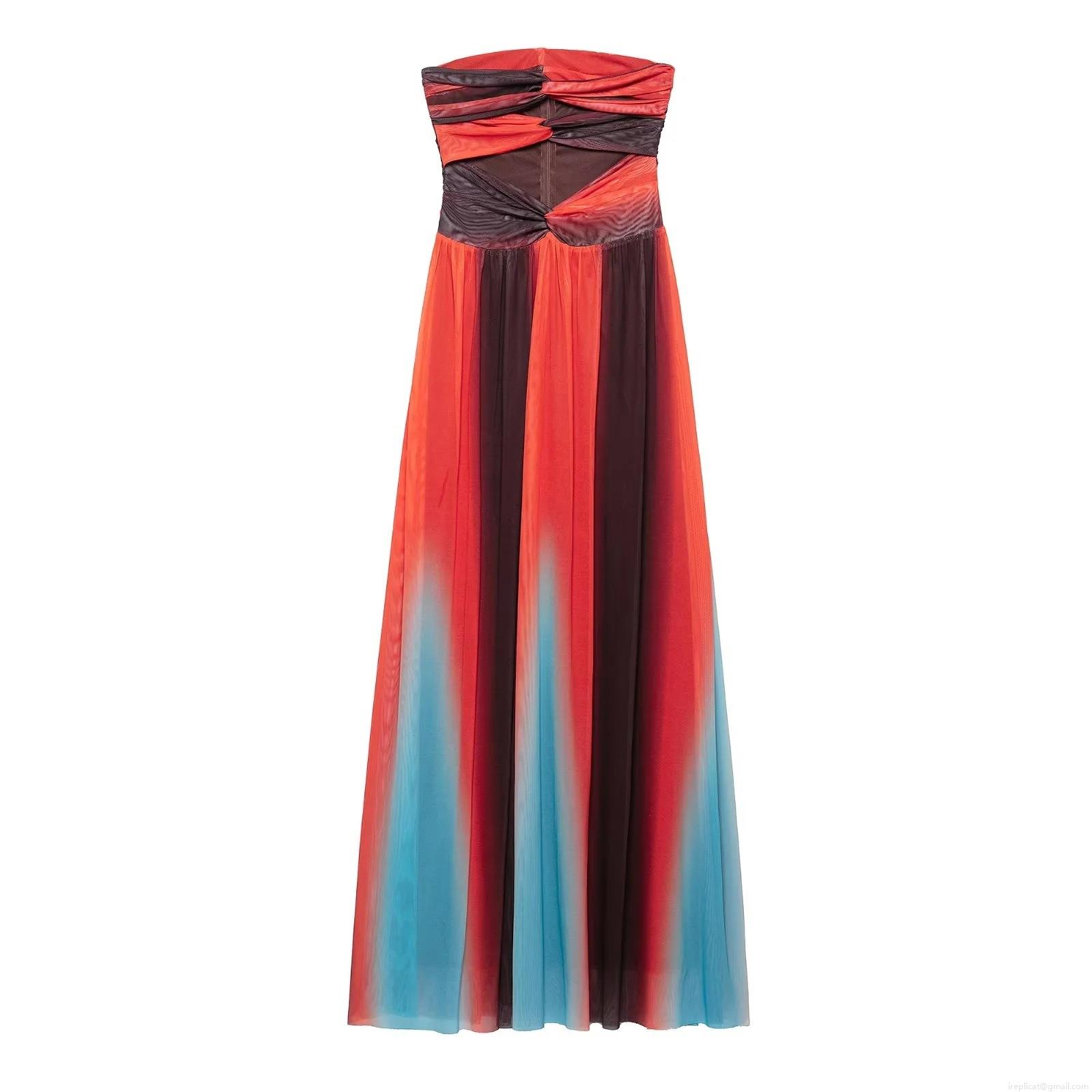 Women's Gradient Mesh Maxi Dress Polyester Sleeveless Tube Top Backless Hollow Out Elegant Party Evening Long Dress For Ladies Slim Fit Dress