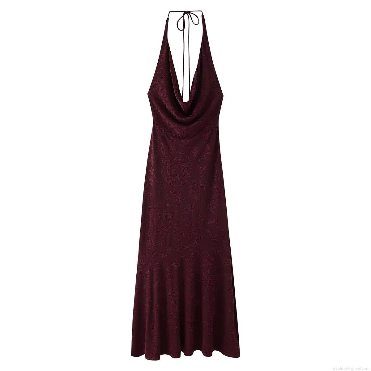 Women's Elegant Halter Neck Maxi Dress Backless Cowl Neck Floral Jacquard Long Dress For Evening Party Wedding Guest