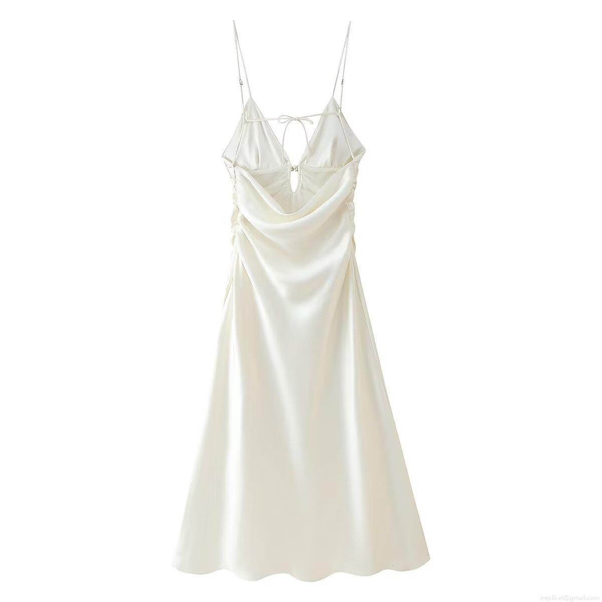 Women Elegant V Neck Satin Cami Maxi Dress Sleeveless Backless Ruched Silk Like Slip Dress For Party Evening Wedding Vacation Lady