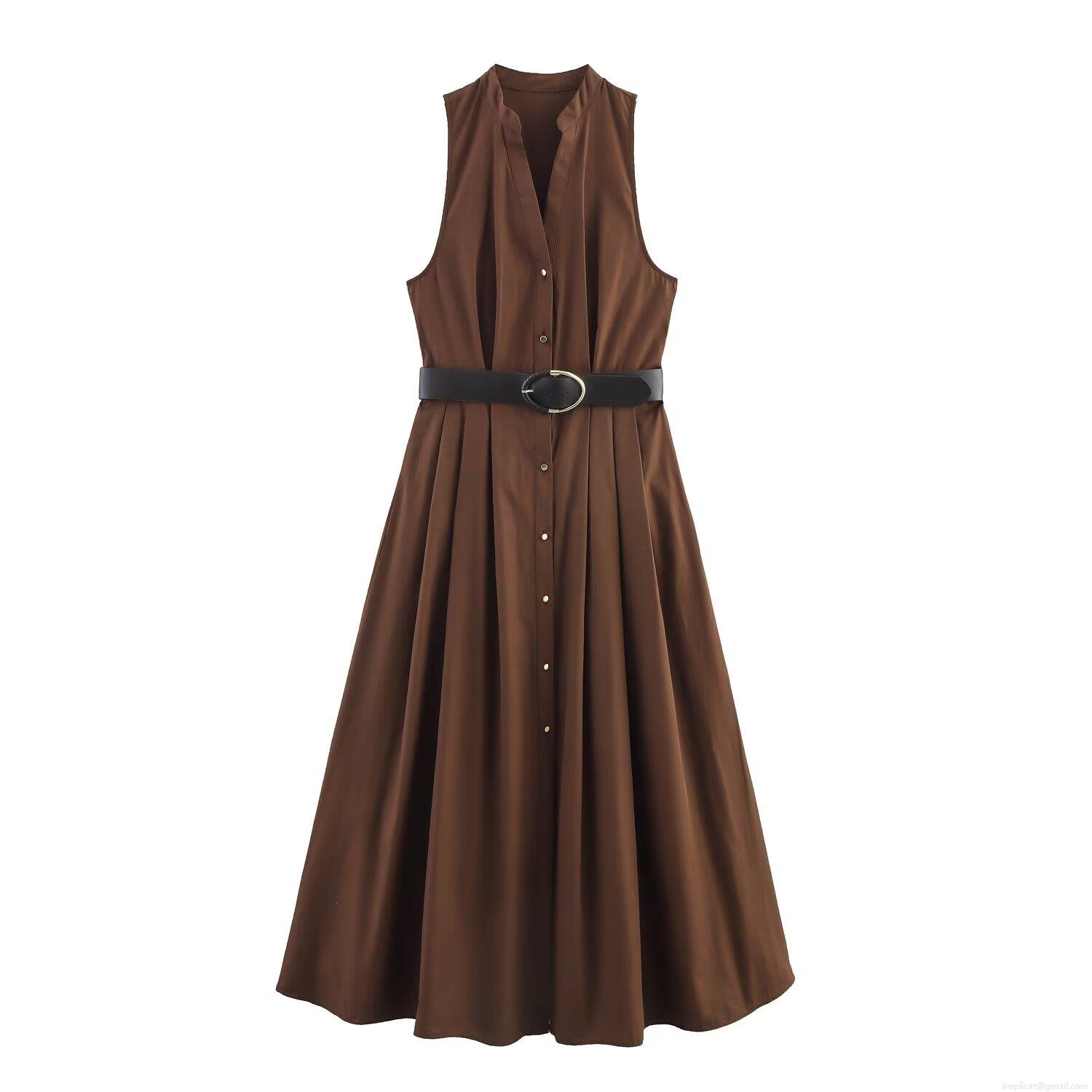 Women Elegant Sleeveless V Neck Maxi Dress With Belt Gold Buttons Slimming Solid Color Polyester Poplin Dress For Office Daily Party European American Style