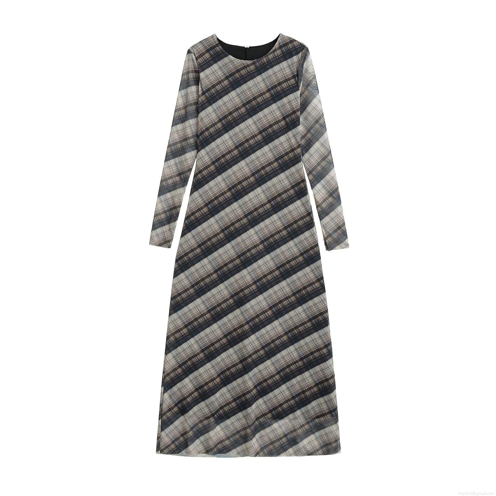 Women Elegant Plaid Mesh Maxi Dress Long Sleeve Round Neck Sheer Grid Printed Polyester Long Dress For Party Clubwear Socialite Style