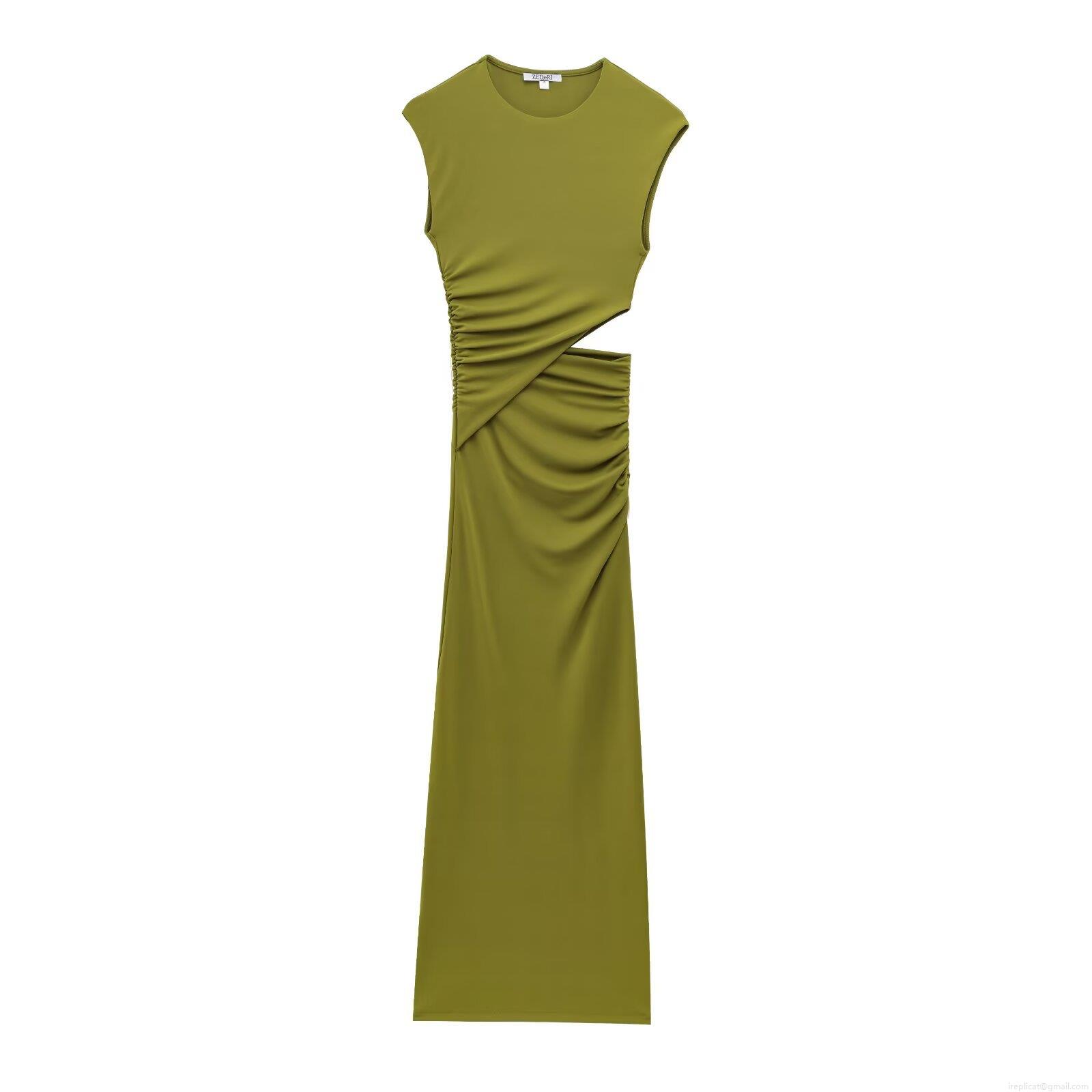 Women's Elegant Sleeveless Maxi Dress Polyester Waist Cutout Ruched Slim Fit Round Neck Summer Party Date Solid Color Long Dress