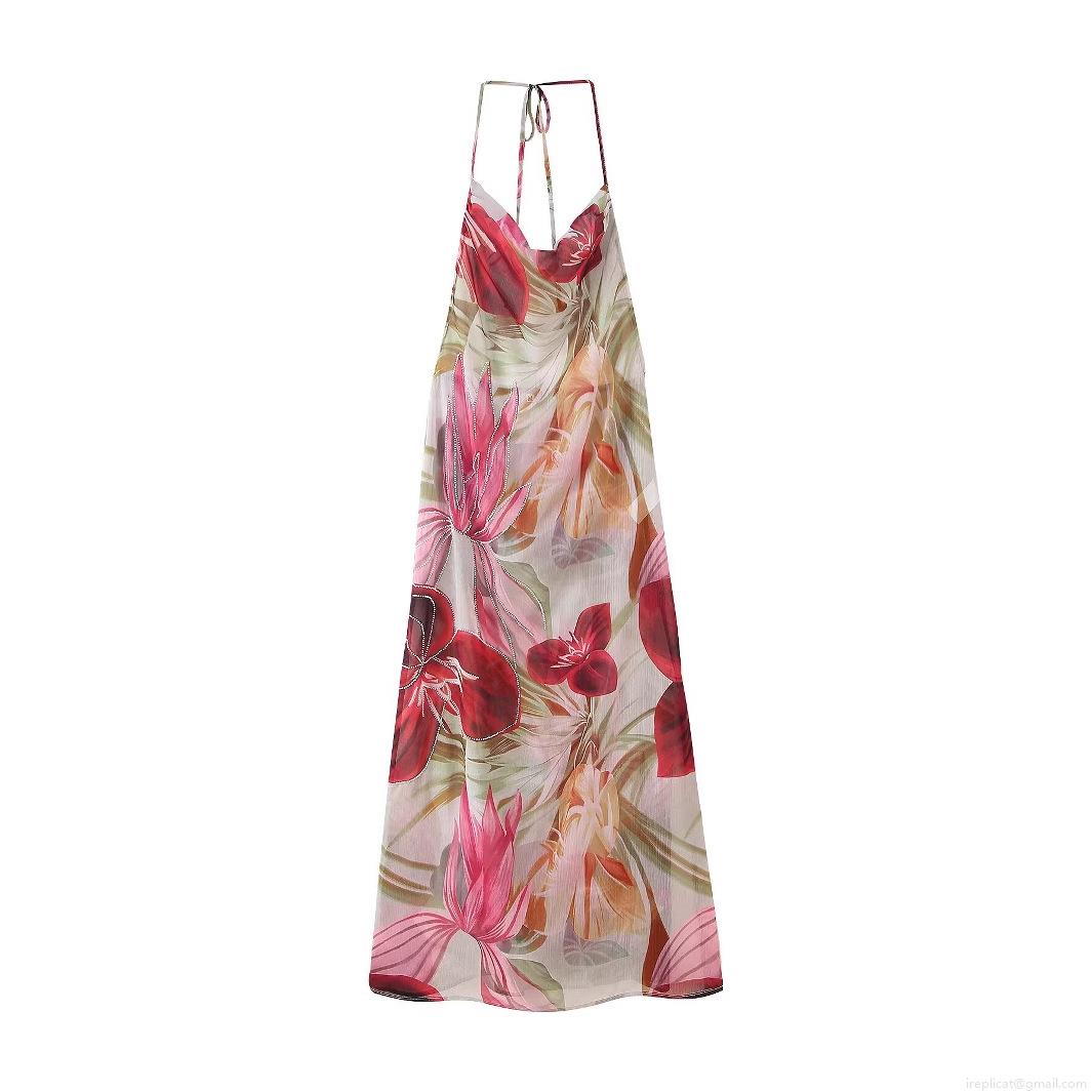 Sexy Halter Neck Floral Print Maxi Dress For Women Summer Beach Vacation Backless Tie Waist Beaded A-Line Chiffon Dress Elegant Party Long Dresses