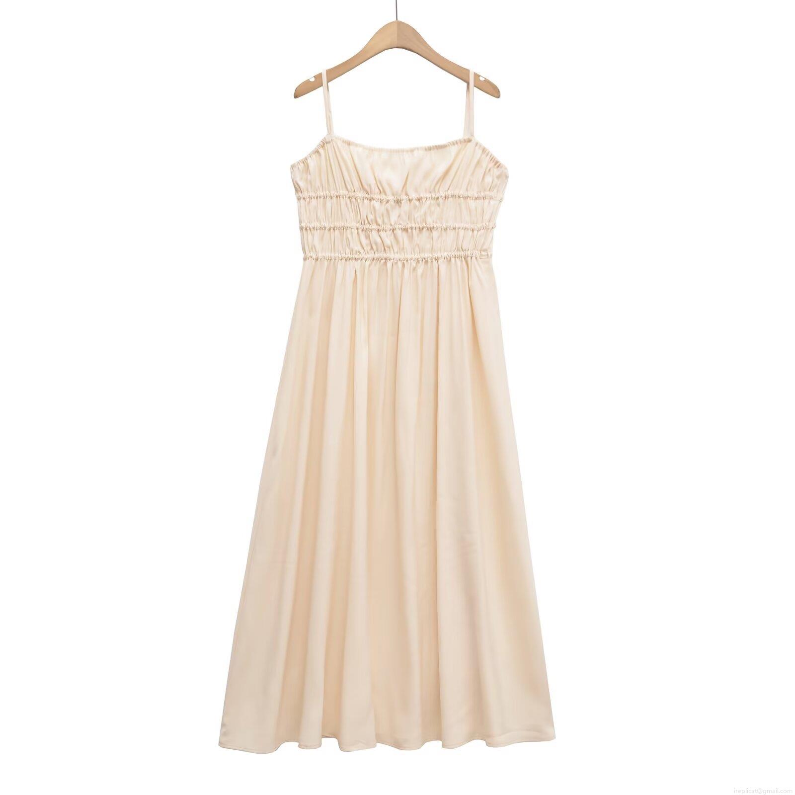 French Style Women's Spaghetti Strap Maxi Dress Elegant Satin Texture Polyester Smocked Chest Sleeveless Solid Color Vacation Party Long Dress