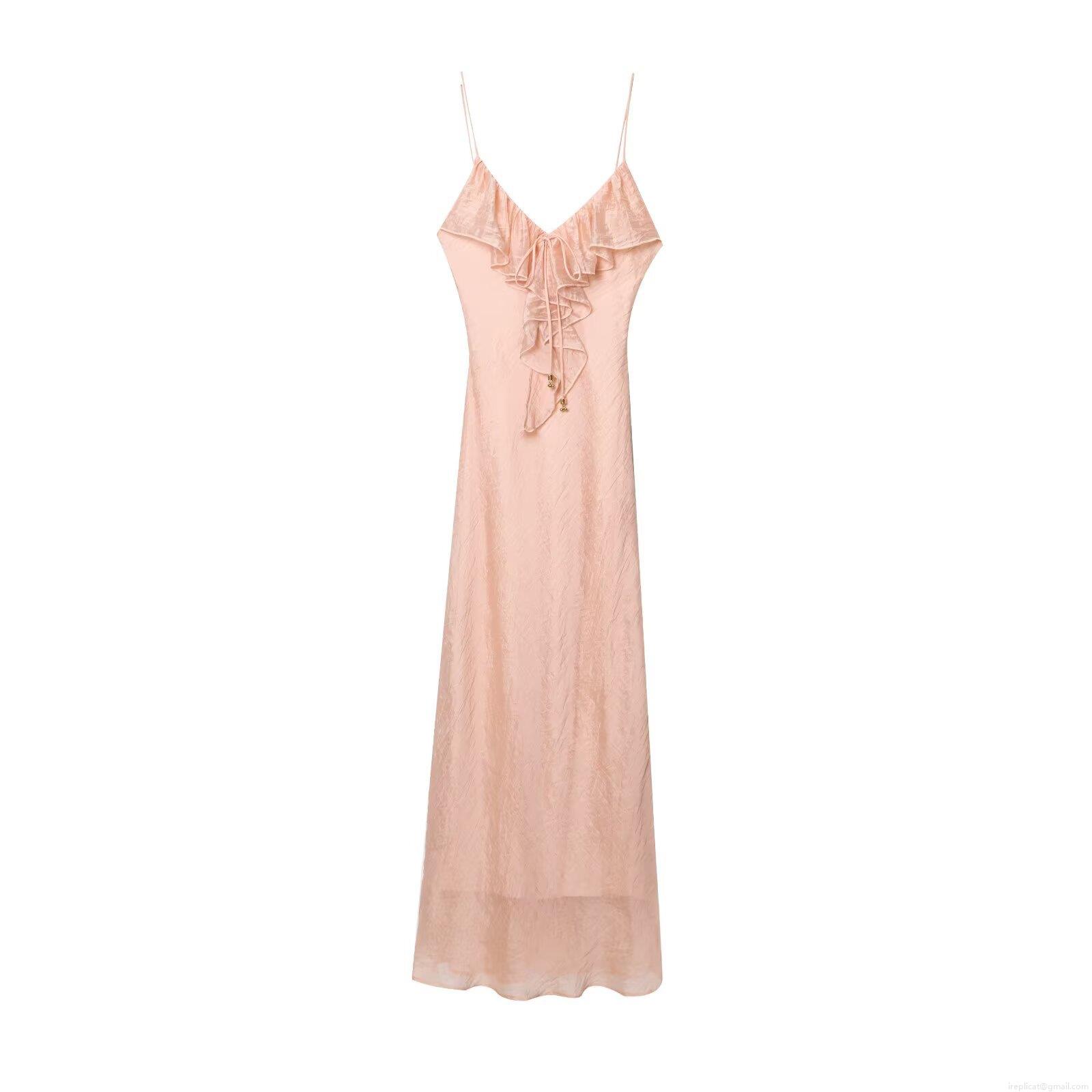 Women's Elegant Satin Maxi Dress V-Neck Spaghetti Strap Ruffle Tencel Polyester Solid Peach Pink Long Party Dress For Ladies