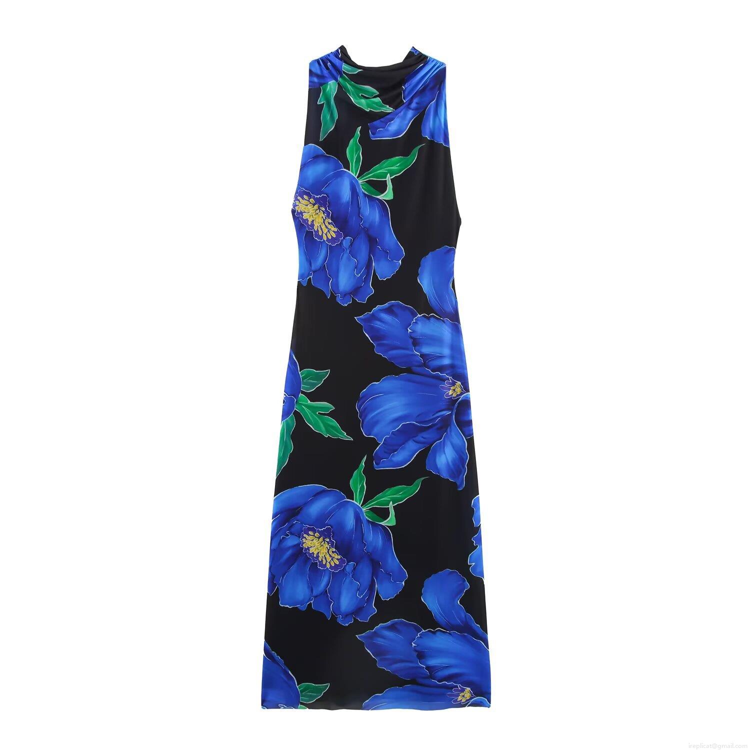 Women's Floral Print Maxi Dress Elegant Sleeveless Halter Backless Mesh Draped Long Dress For Summer Party Vacation Women Clothing Accessory