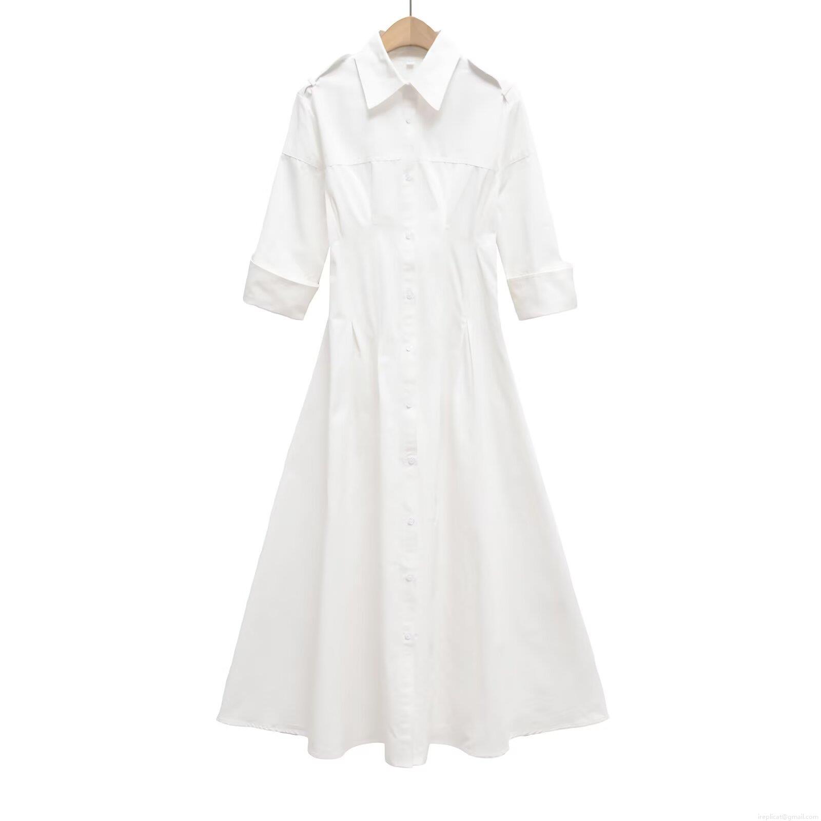Women Elegant White Shirt Dress Solid Color Single Breasted Waist Midi Dress Polo Collar Three Quarter Sleeve Casual Office Party Maxi Dress For Lady