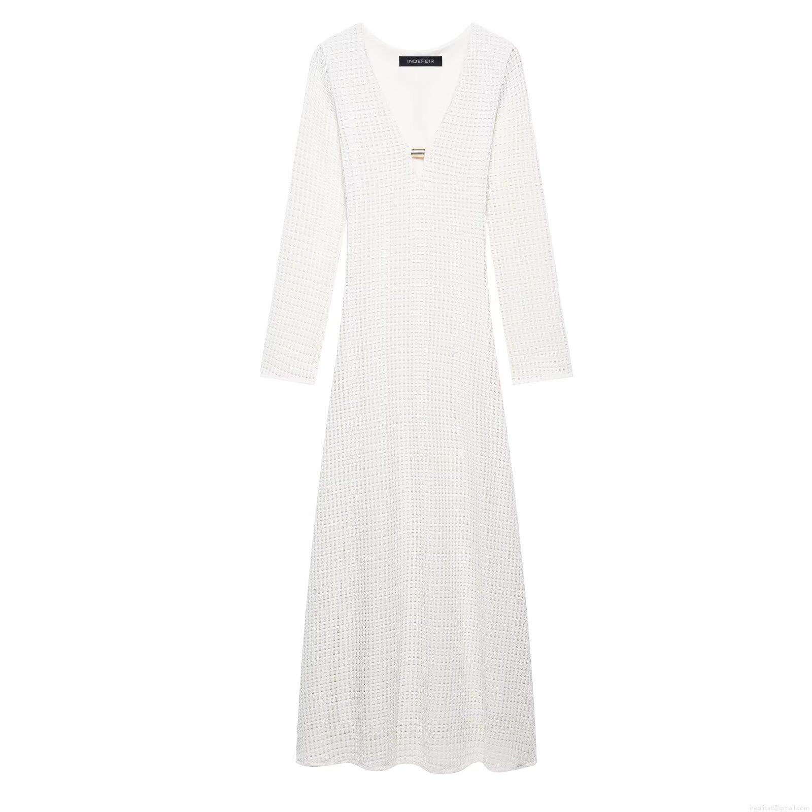 Women Elegant White Crochet Knit Maxi Dress Sexy V Neck Long Sleeve Mesh Hollow Out Dress With Metal Buckle For Party Club Vacation