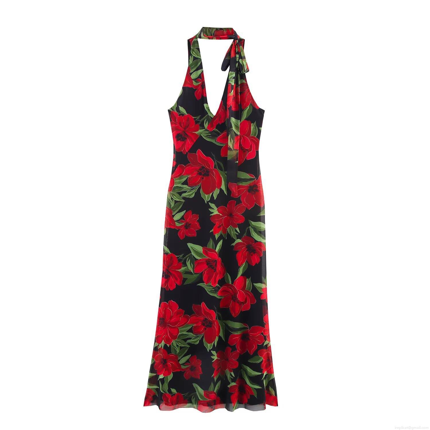 Women's Elegant Floral Print Mesh Halter Neck Maxi Dress Sexy Deep V-Neck Sleeveless A-Line Long Dress for Party Vacation Summer Evening