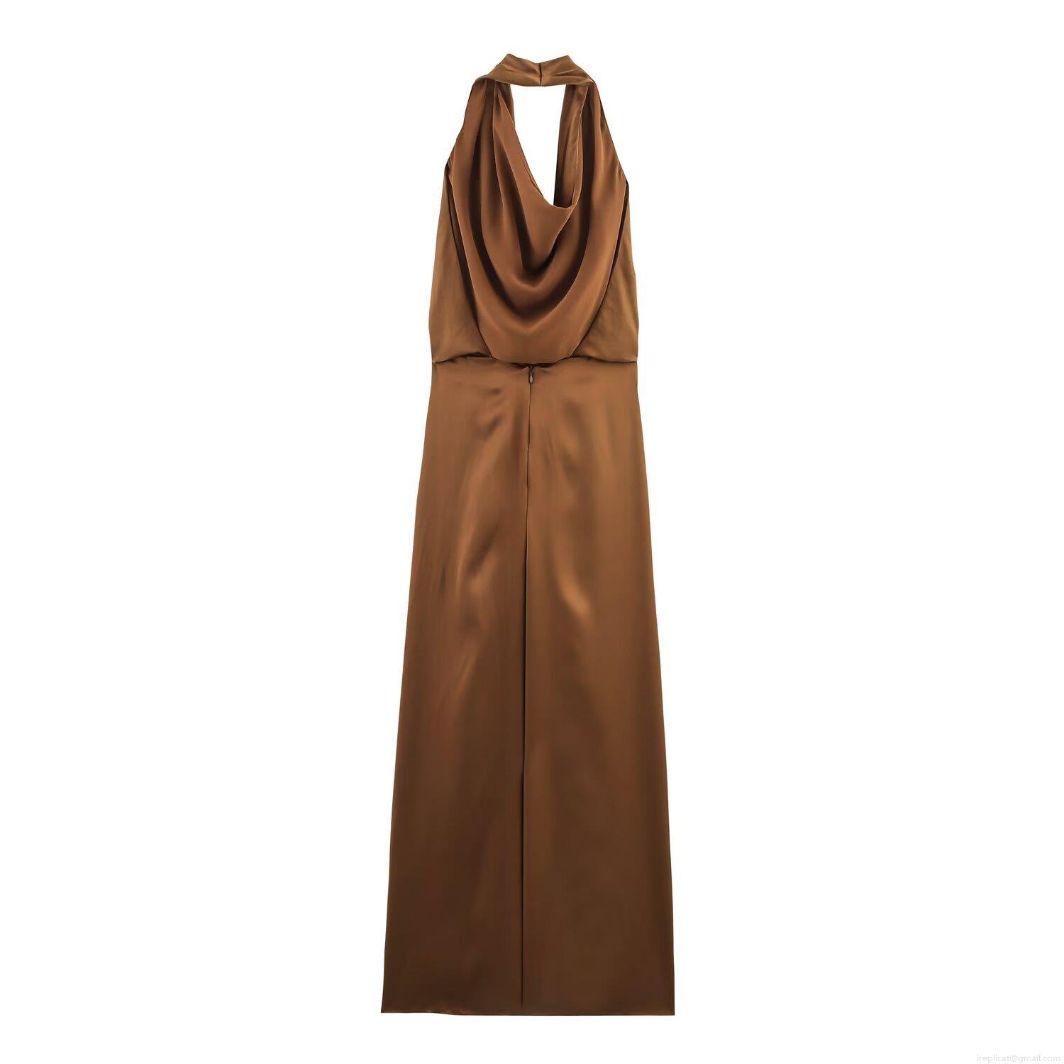 Women Sexy Satin Halter Neck Maxi Dress Cowl Neck Backless Solid Color Silk Texture Evening Party Long Dress For Women Elegant Socialite Clubwear