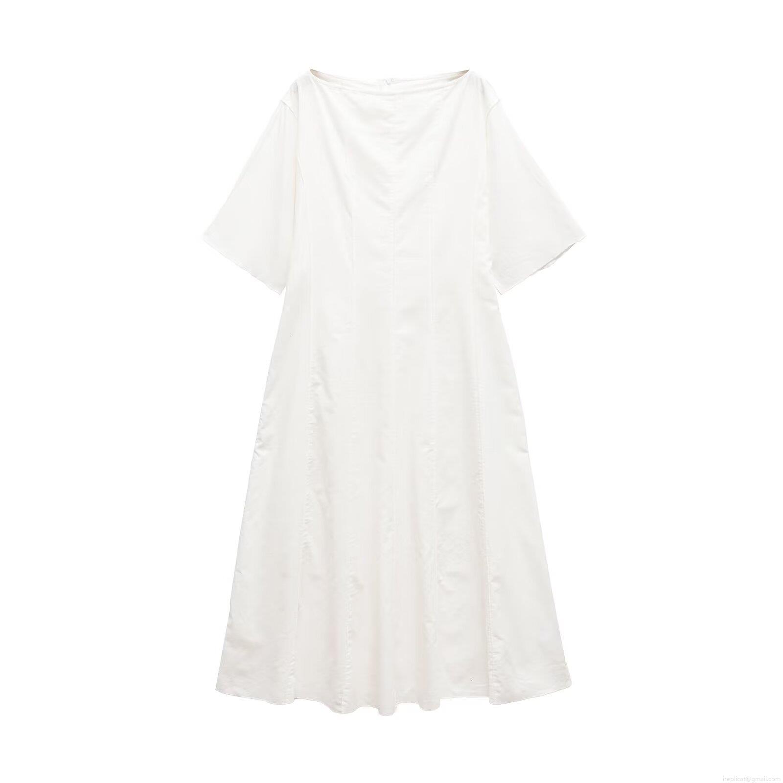 Elegant White Linen Blend Maxi Dress Boat Neck Short Sleeve Seam Design Minimalist Summer Long Dress For Women Casual Vacation Party
