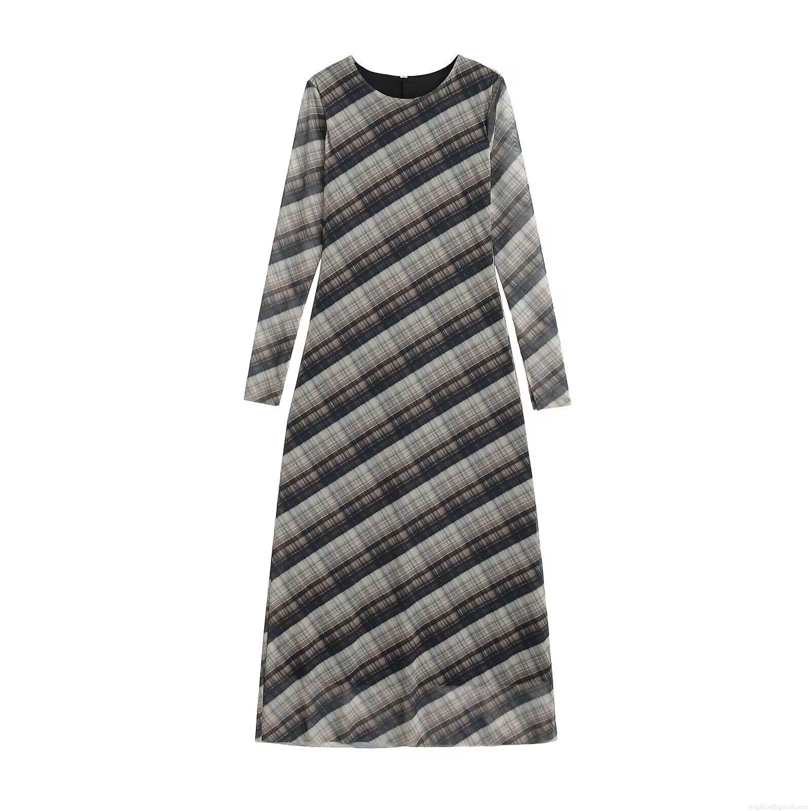 Women Plaid Mesh Long Sleeve Maxi Dress Elegant Round Neck Slim Fit Bodycon Transparent Mesh Long Dress For Party Night Club Daily Wear