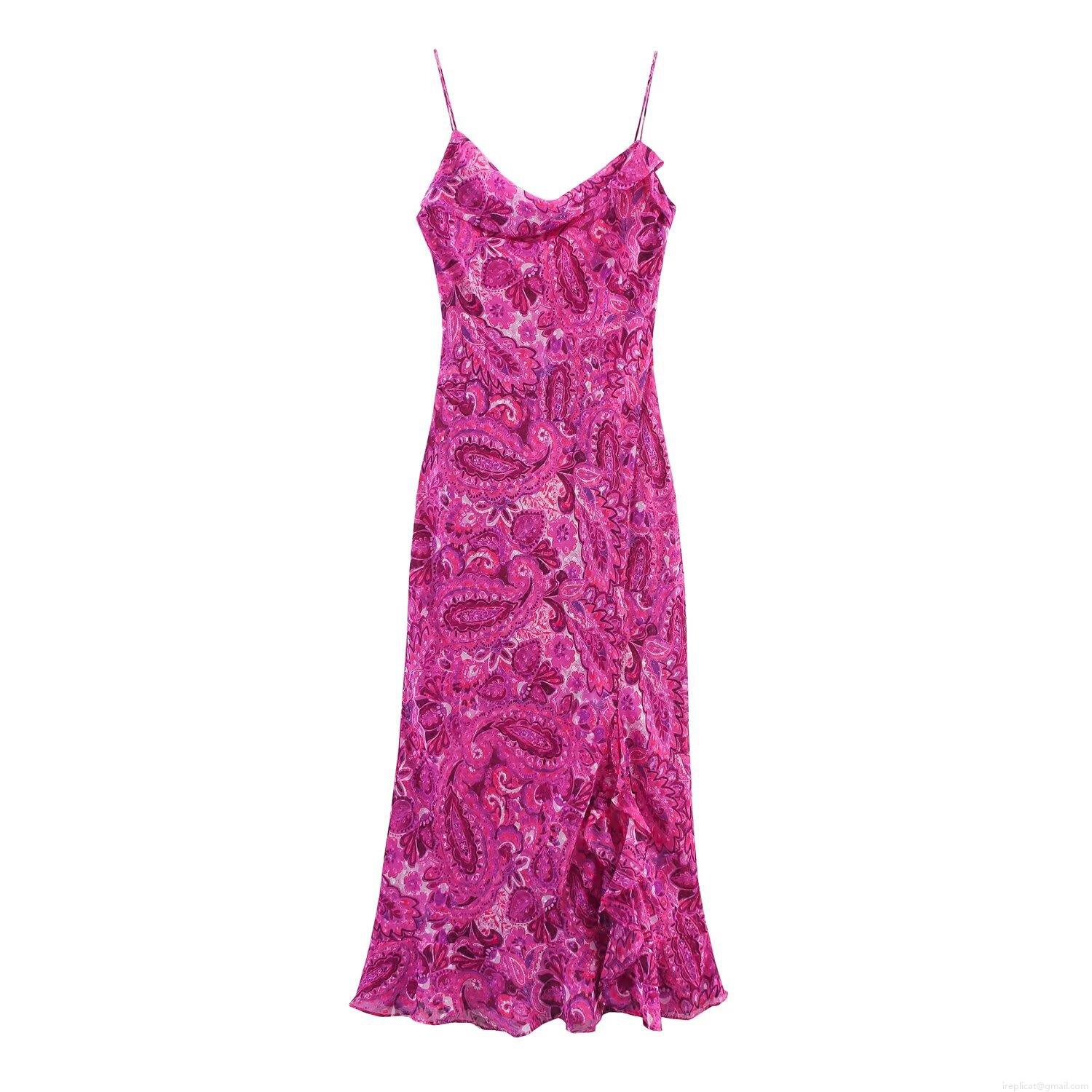 Women Sexy Paisley Print Cami Maxi Dress V Neck Backless Tie Back Ruffle Hem Side Split Summer Vacation Beach Elegant Long Dress