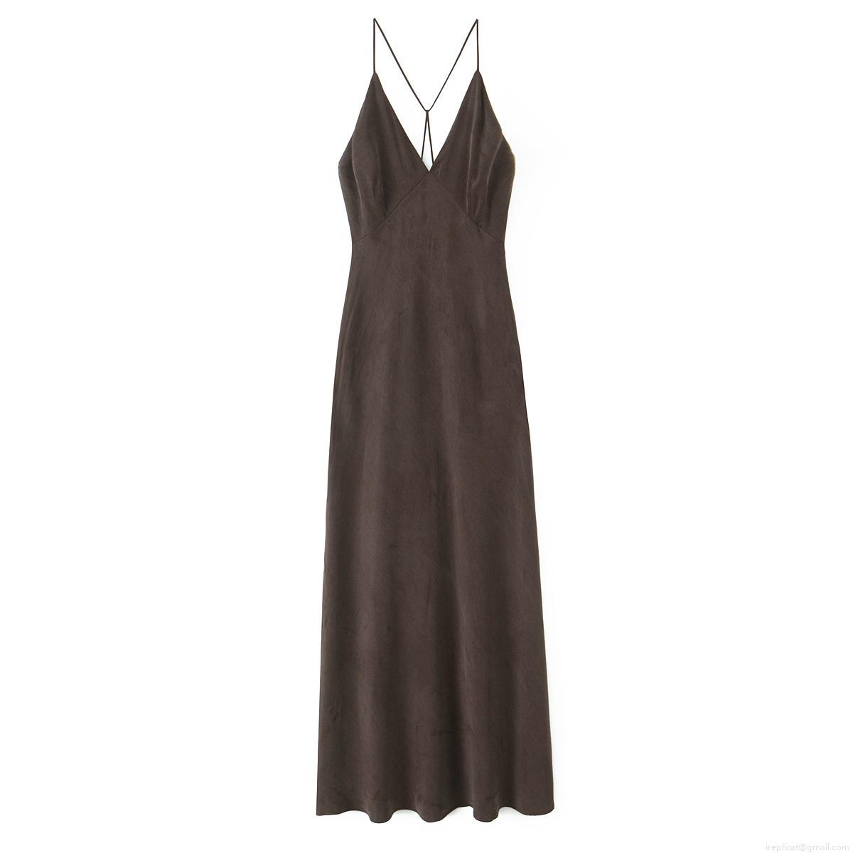 Women Sexy Backless V Neck Spaghetti Strap Maxi Dress Elegant Polyester Satin Texture Solid Color Long Evening Party Dress For Ladies