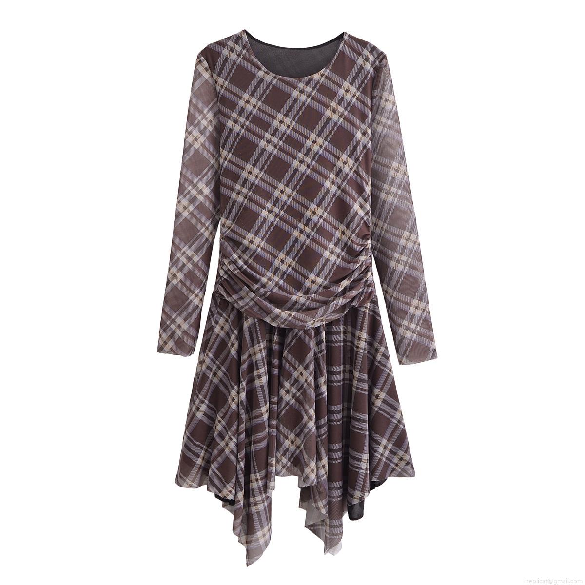 Elegant Women Plaid Mesh Ruched Long Sleeve Maxi Dress Retro Round Neck Irregular Hem 100% Polyester Bodycon Party Long Dresses