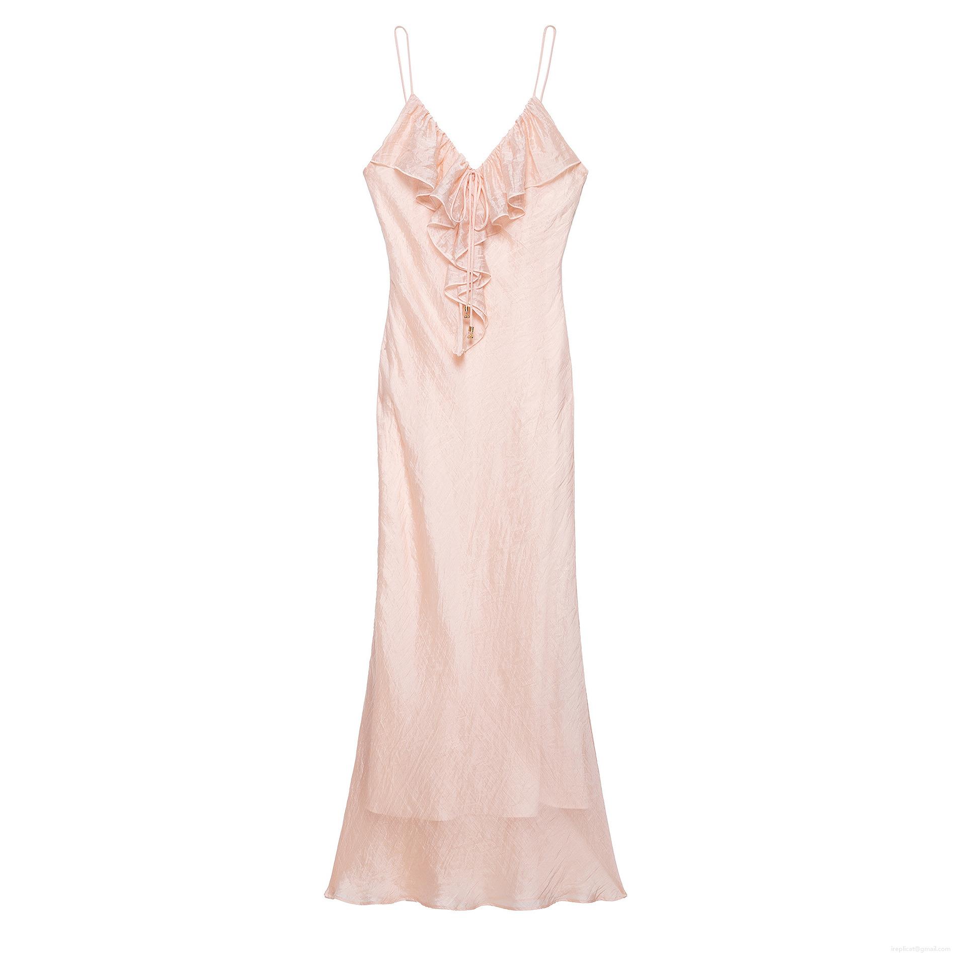 Women's Elegant V-Neck Ruffle Satin Maxi Dress 100% Polyester Tiered Spaghetti Strap Slim Fit Evening Party Prom Long Dress