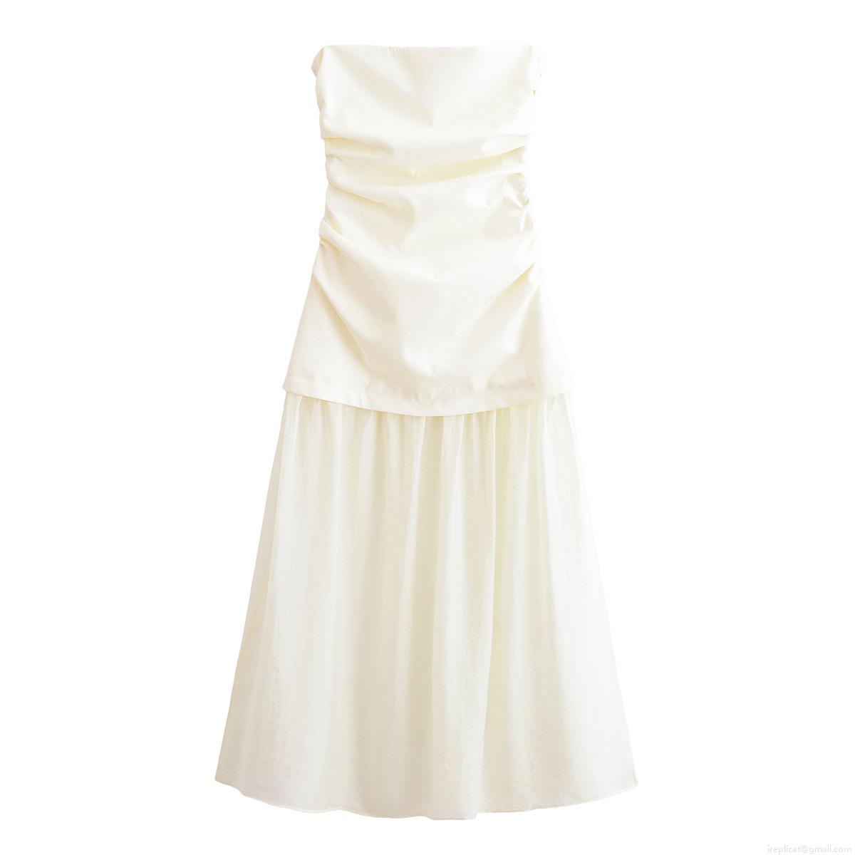 Women French Elegant Strapless Ruched Maxi Dress 100% Polyester Creamy White Pleated Long Dress For Wedding Evening Party Dating Ladies Fashion