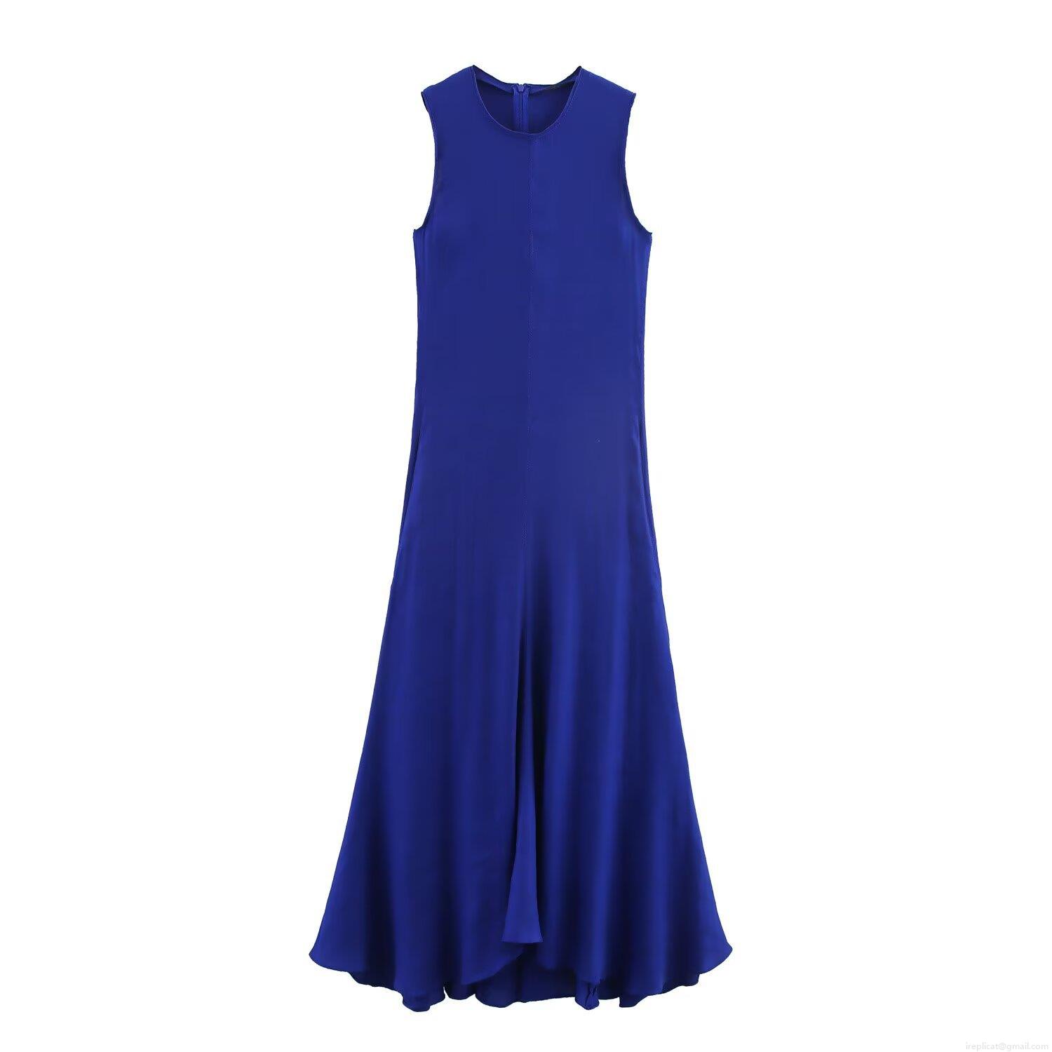 Women's Sleeveless Maxi Dress Linen Blend Satin Round Neck Back Zipper Solid Color Elegant Evening Party Long Dress