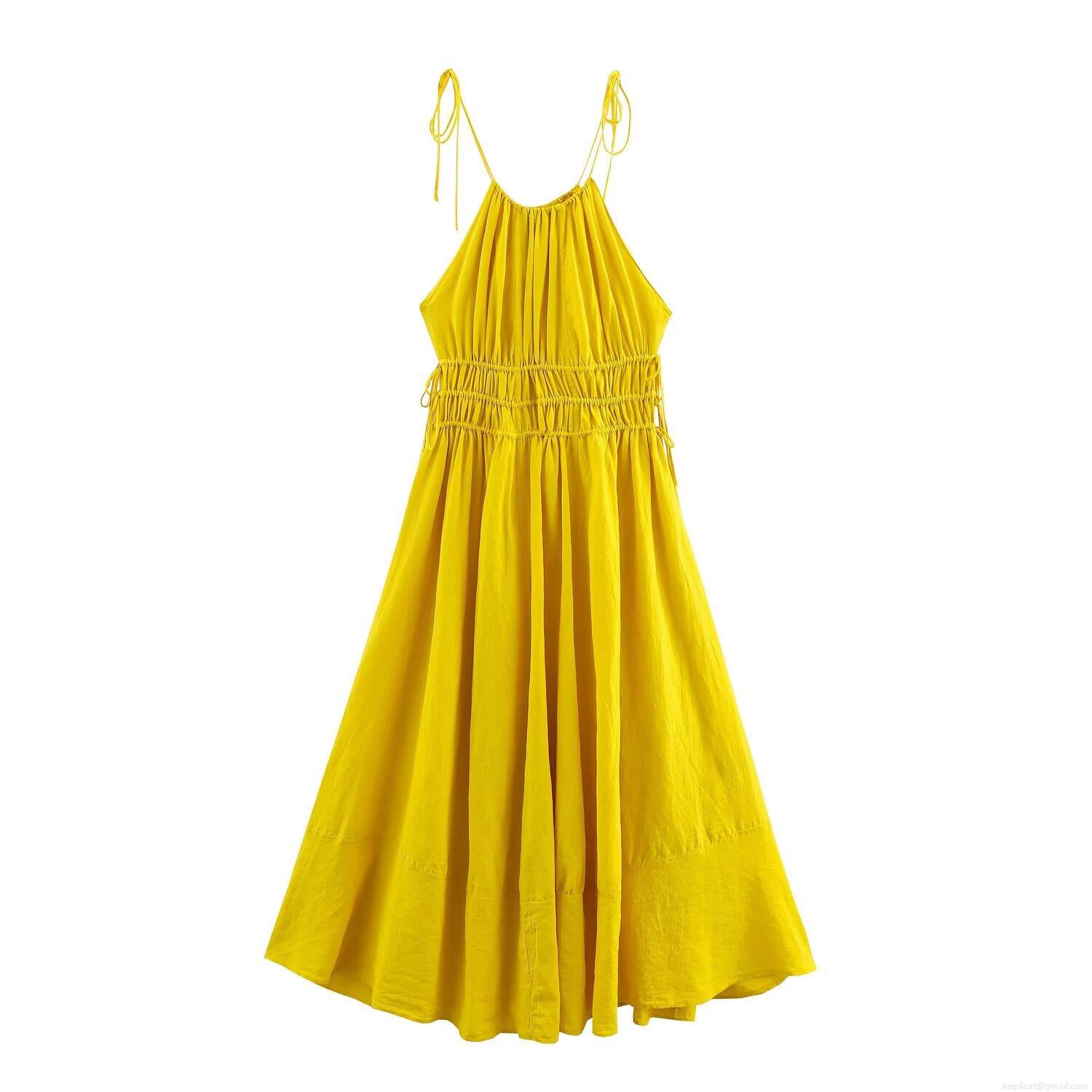 Yellow Halter Maxi Dress Linen Blend Spaghetti Strap Smocked Waist Flowy Swing Sundress For Women Elegant Vacation Party Dresses