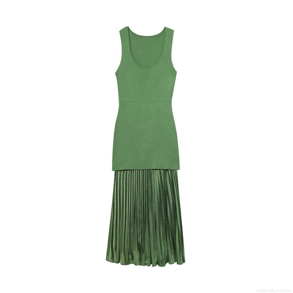 Women Elegant Sleeveless Knitted Satin Patchwork Pleated Maxi Dress Sexy U-Neck Slim Fit Long Evening Dress For Party Banquet Cocktail Wedding Guest Lady Socialite Style Clothing