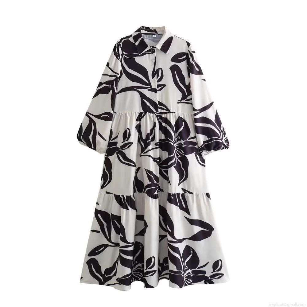 Women's French Elegant Black And White Floral Print Long Sleeve Maxi Dress Shirt Lapel Button Down Tiered Cake Skirt Polyester Casual Vacation Dress