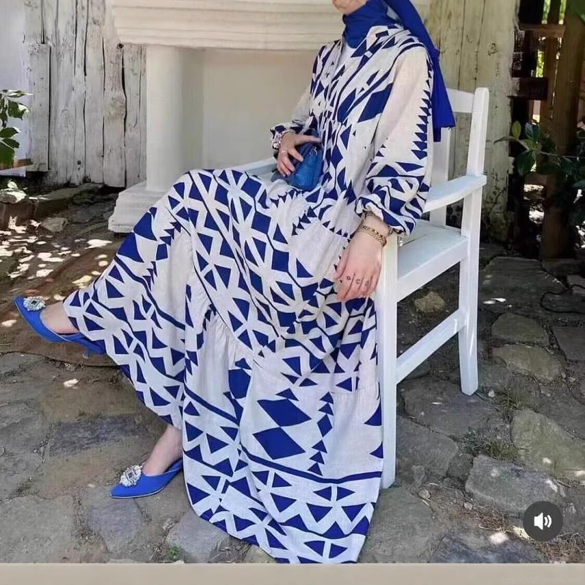 Women's Geometric Print Maxi Dress Long Sleeve Lapel Collar Button Down Bohemian Tiered Swing Dress Ethnic Style Polyester Imitation Linen Long Dresses