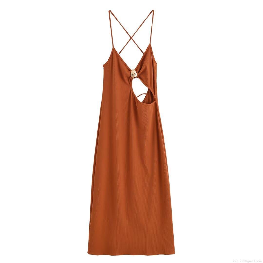 Women's Sexy Rib Knit Hollow Out Maxi Dress With Gold Ring Detail Cross Back Sleeveless Slim Fit Long Sling Dress For Party Clubwear