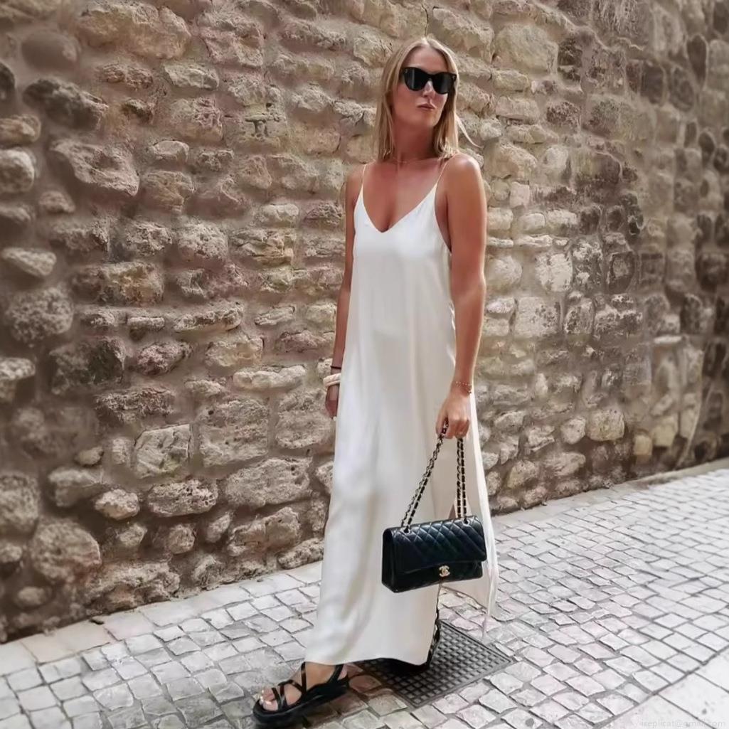 Elegant White Satin Slip Maxi Dress For Women Sexy Backless Deep V-Neck High Slit Long Dress For Summer Resort Party Evening Clubwear