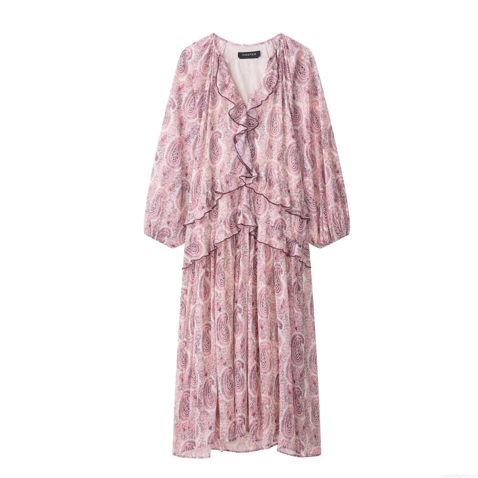 Women Elegant Paisley Print Maxi Dress V-Neck Ruffle Long Sleeve Layered Polyester Chiffon Texture Dress Bohemian Style Flowy Party Evening Long Dress