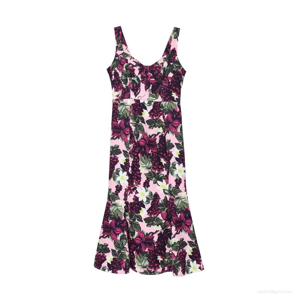 Women's Vintage Floral Print Slip Maxi Dress Polyester Pink Grape Pattern V Neck Camisole Long Dress For Summer Vacation Party Ladies Elegant Slim Fit Dress