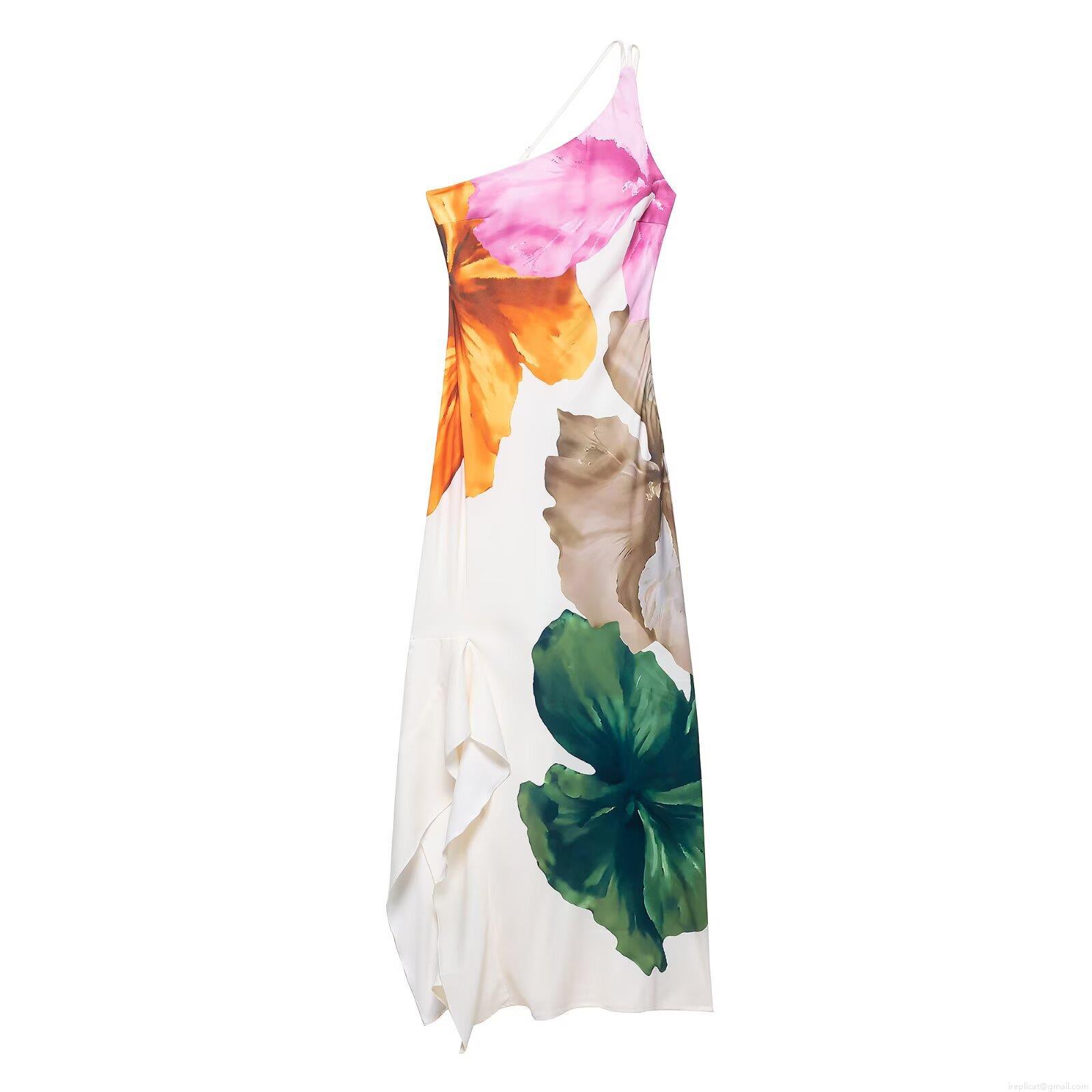 One Shoulder Floral Print Maxi Dress Women 100% Polyester Silky Satin Long Dress Asymmetrical Hem Vacation Party Beach Sundress Elegant Tropical Outfit