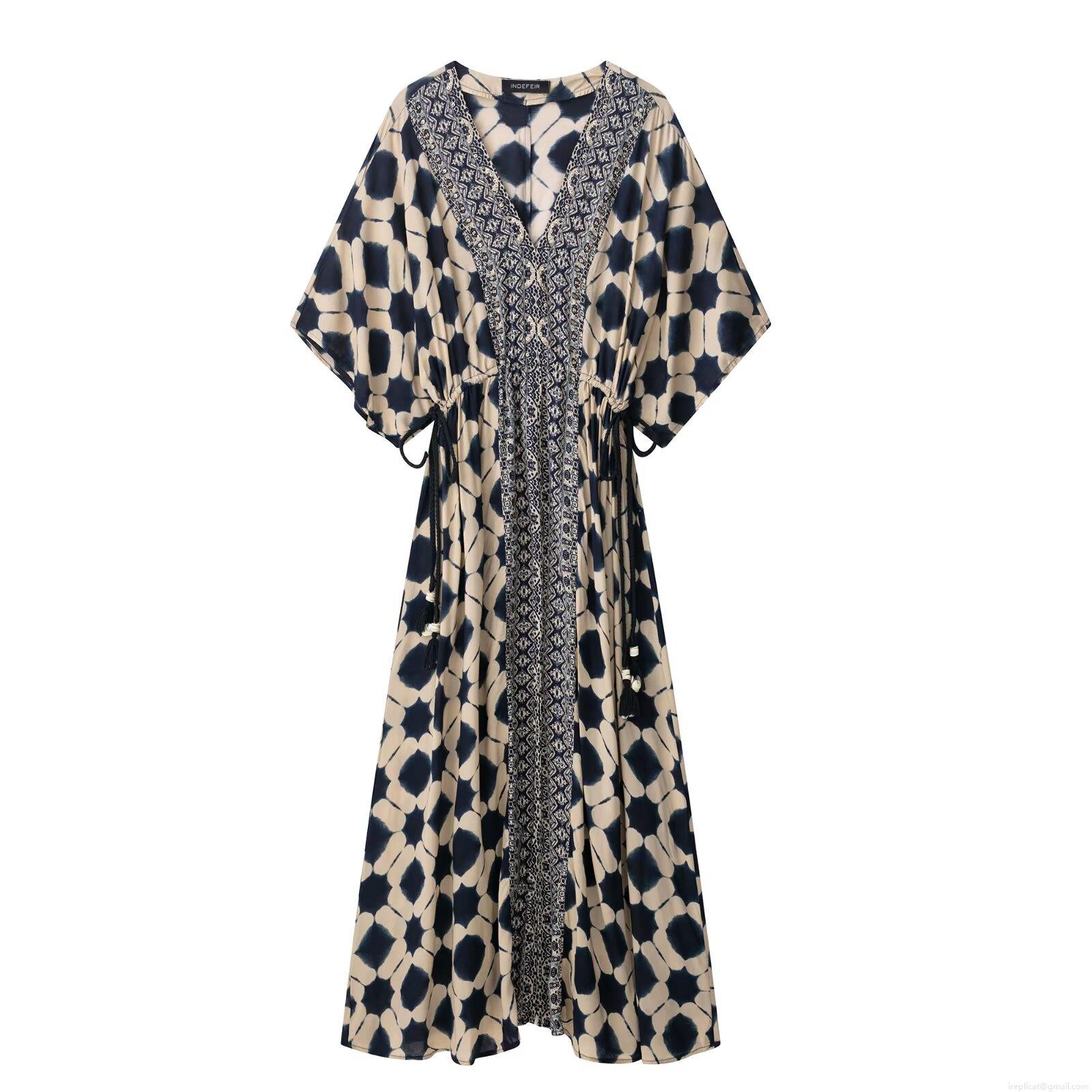 Women's Bohemian V Neck Sleeveless Maxi Dress Polyester Ethnic Geometric Print Tie Dye Caftan Dress With Tassels And Shells Summer Beach Vacation Long Dress