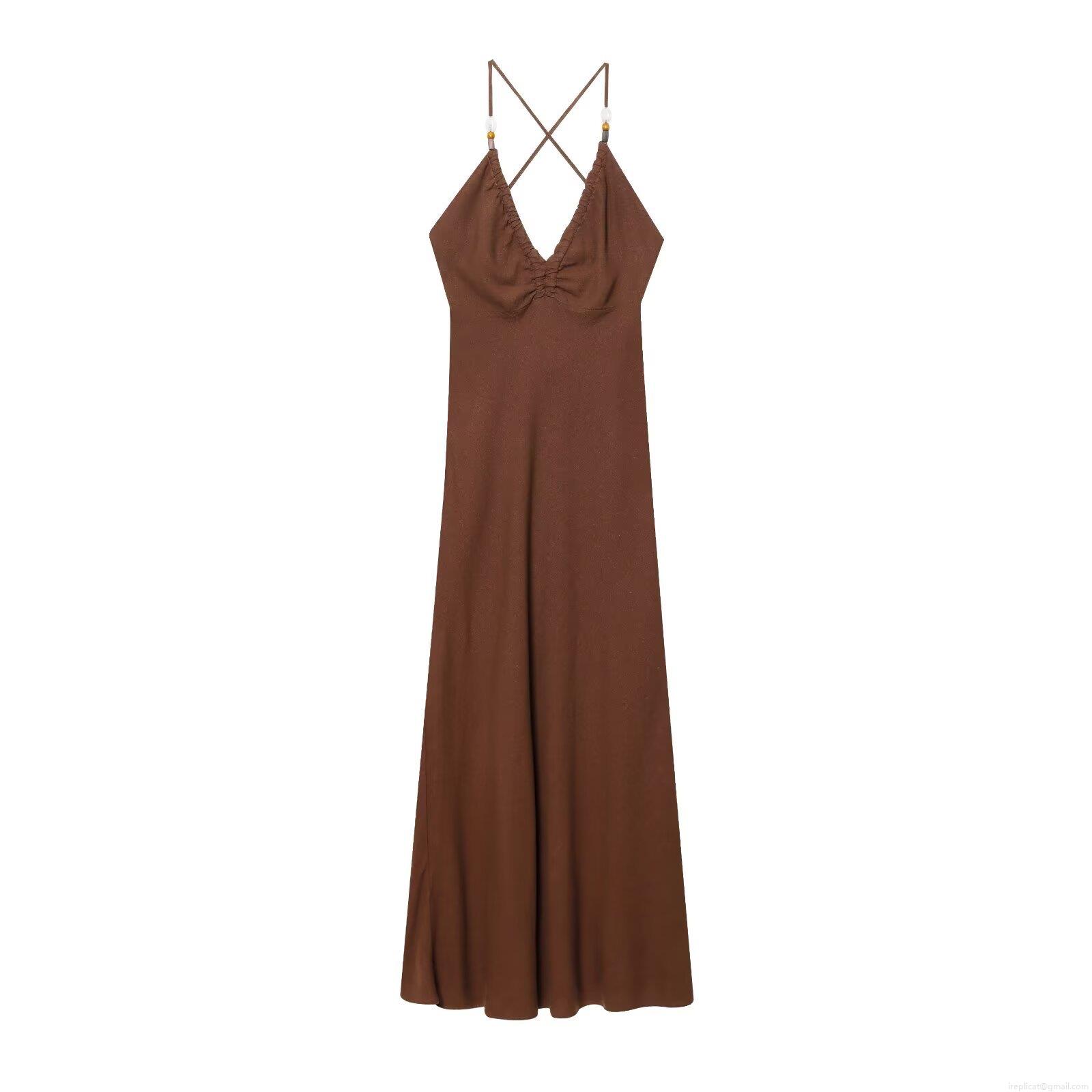 Women's Elegant Coffee Brown Linen Cotton Blend Maxi Dress V-Neck Beaded Straps Backless Ruched Camisole Evening Party Long Dress
