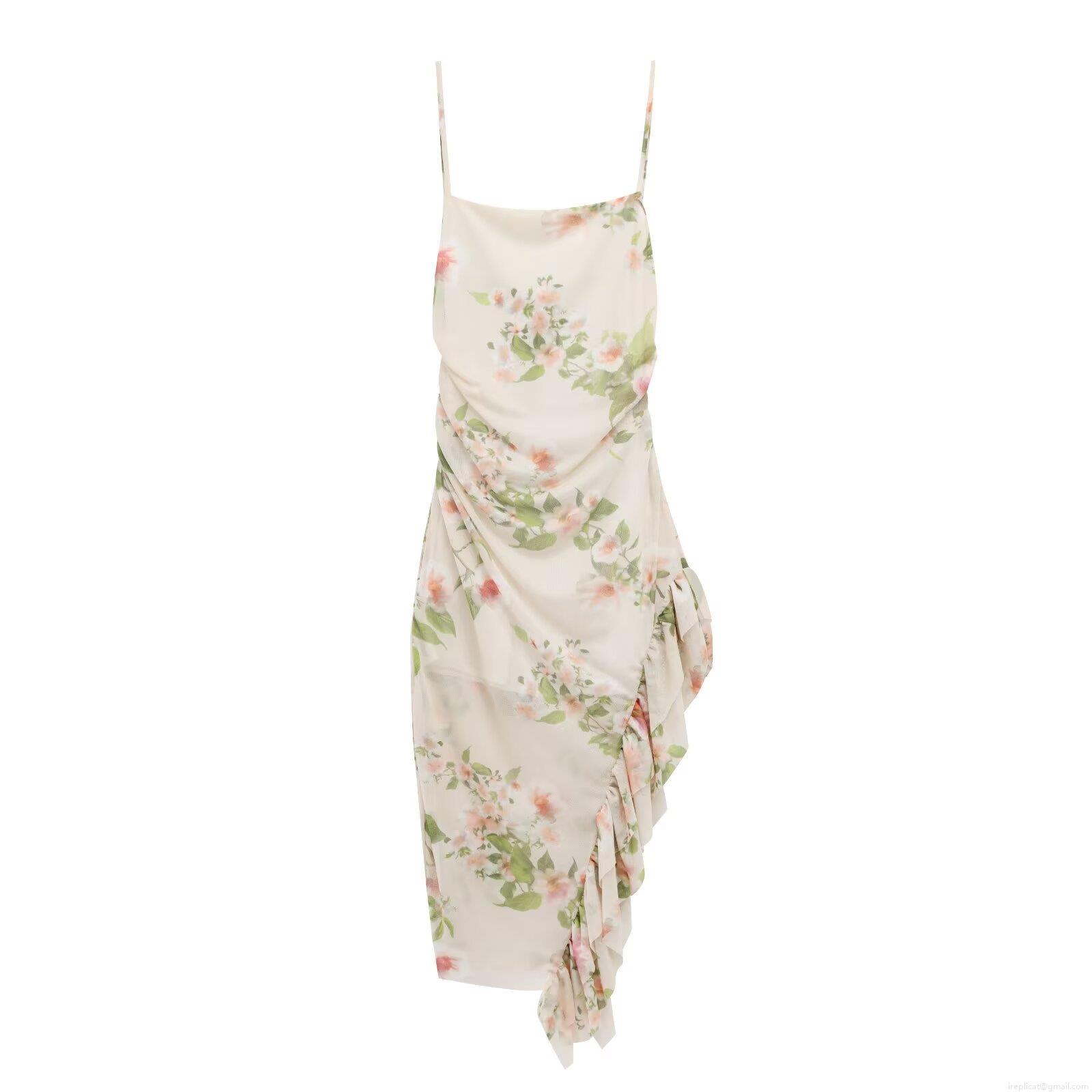 Women's Floral Print Cami Dress Elegant Polyester Mesh Spaghetti Straps Ruffle Hem Layered Backless Cross Tie Maxi Dress for Vacation Party