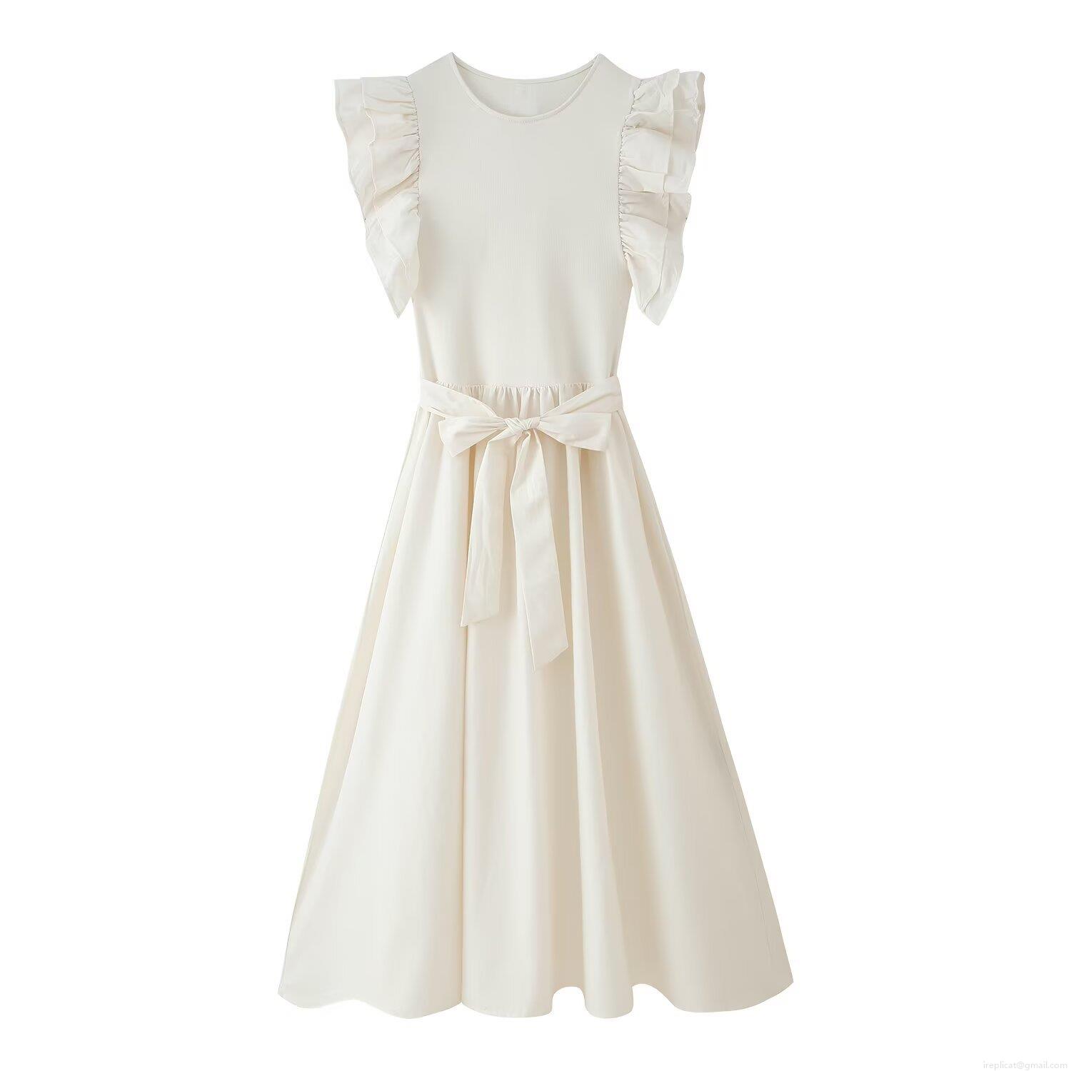Elegant Ivory Sleeveless Ruffle Maxi Dress Round Neck Patchwork Knit Tiered Dress With Bow Tie Belt For Party Wedding Daily Women's Clothing