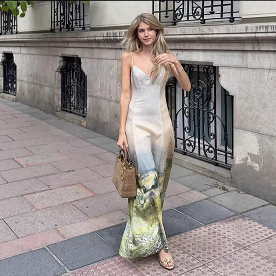 Women's Retro Artistic Landscape Print Cami Maxi Dress Elegant V-Neck Slim Fit Oil Painting Sling Dress For Summer Party Vacation Elegant Socialite Style