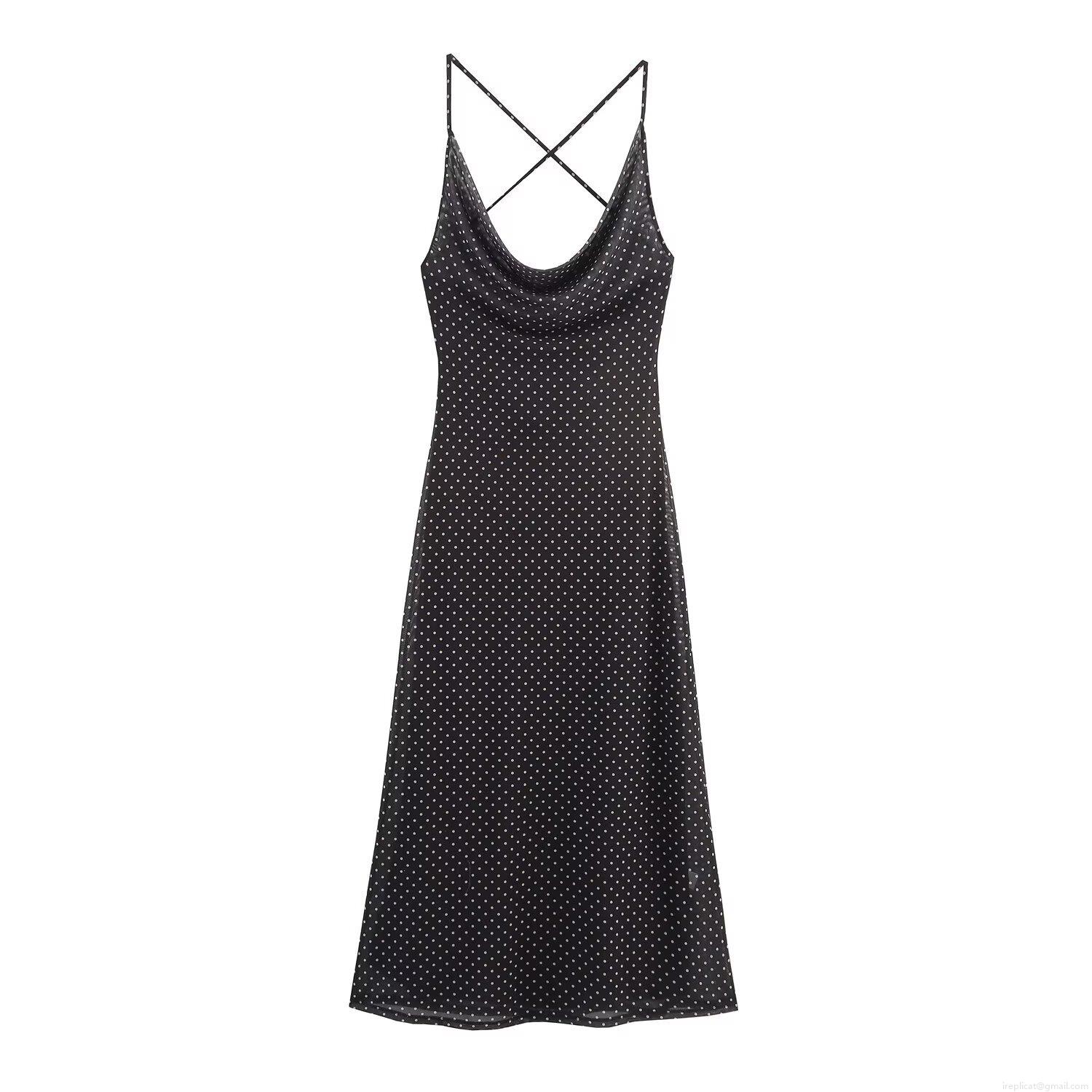 Women's Polka Dot Maxi Dress Cowl Neck Cross Back Satin Finish Mesh Sleeveless Cami Dress Elegant Party Evening Long Dress For Ladies
